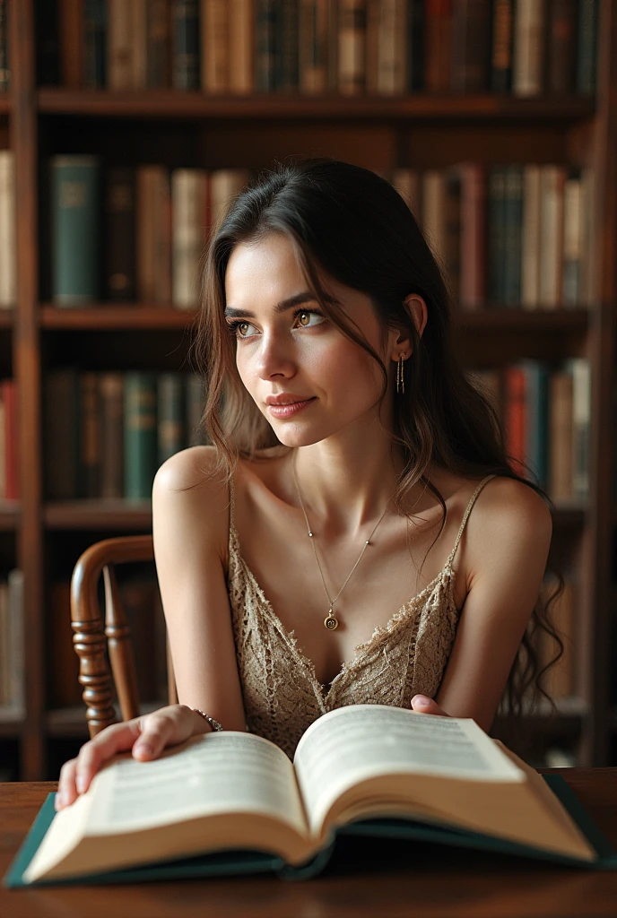 A brunette with brown eyes, fair skin and a slender build, with books in an old and classic house.