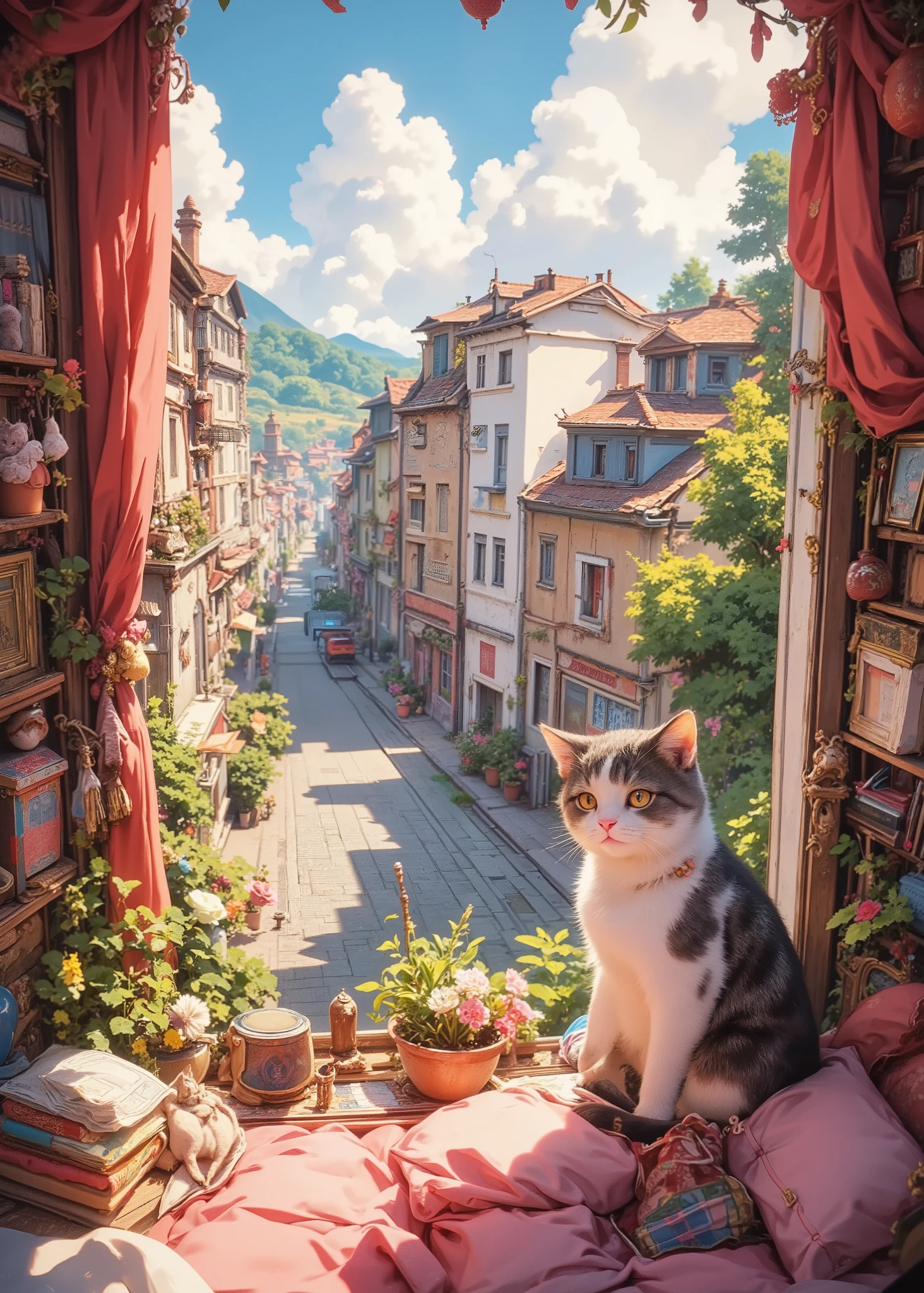 score_9, score_8_up, super realistic depiction, Hi-Res, masterpiece, 最high image quality , high image quality, 4K quality, 8K product,girl and cat looking out of the window from inside、(girl cute pink room wear)、(cat is a white and gray single cat)、European cityscape outside、Nice clear day 、