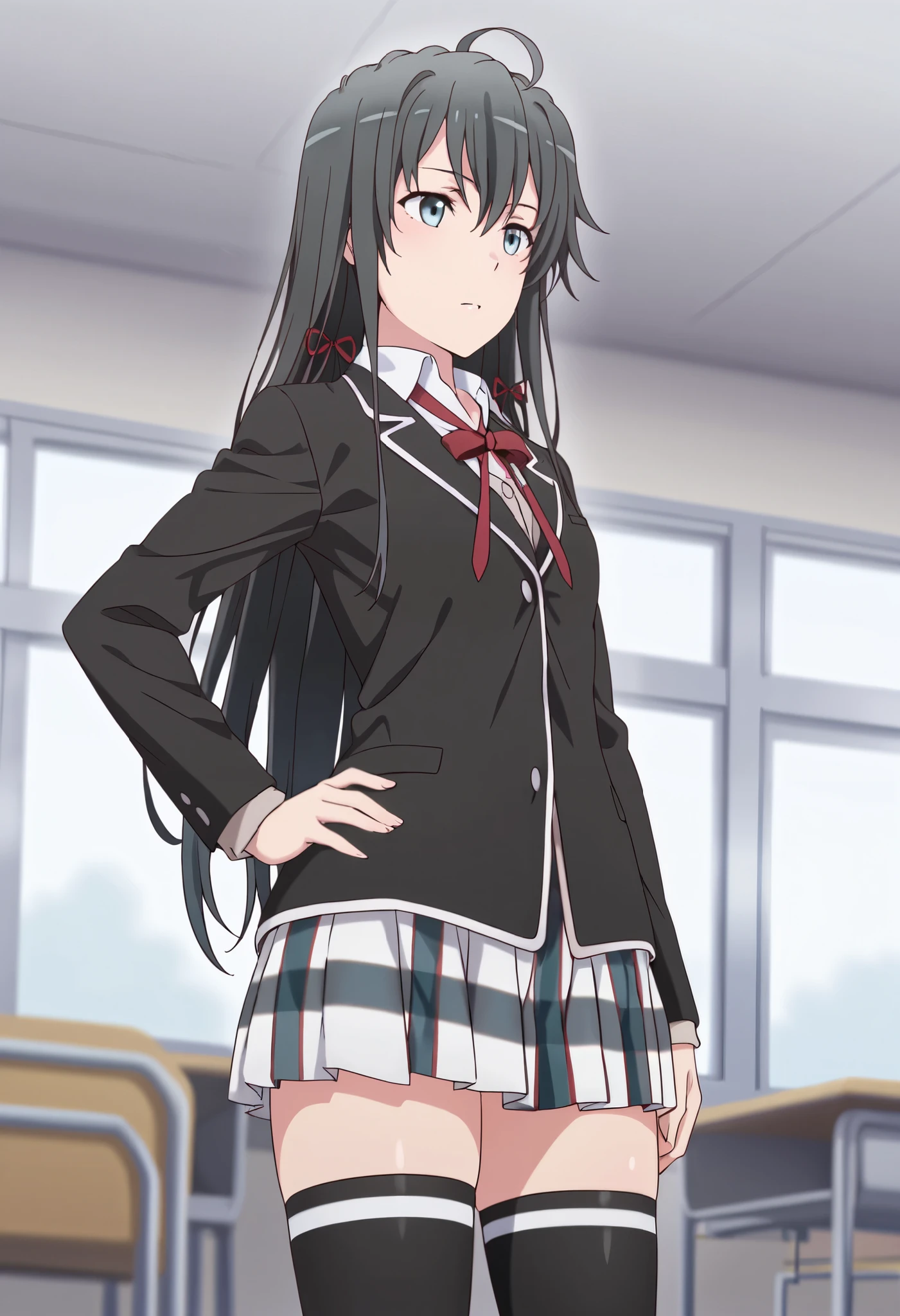 masterpiece, best quality, highres, yukinoshita yukino, long hair, ahoge, hair ribbon, school uniform, neck ribbon, collared shirt, blazer, black jacket, long sleeves, plaid skirt, black thighhighs, classroom, hand on hip, standing
