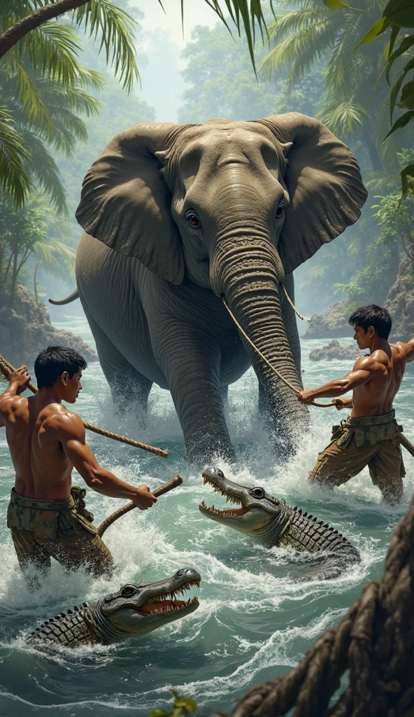 பச்சை புல்வெளியில் யானையை துரத்தும் மனிதர்கள், மனிதர்கள் கையில் ஈட்டி