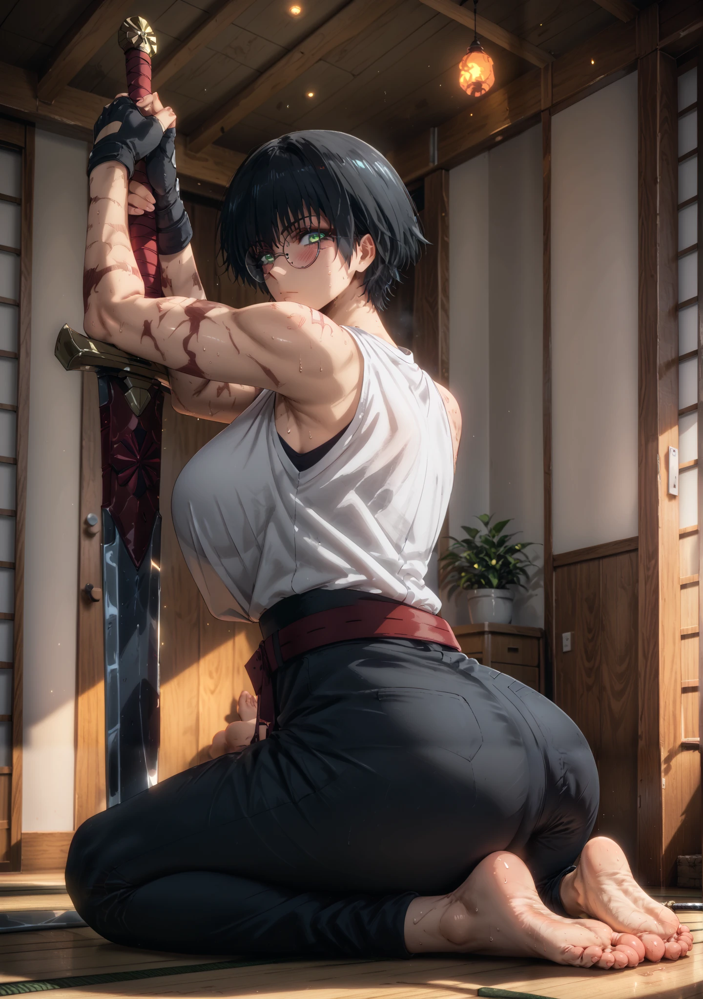 score_9, score_8_up, score_7_up, score_6_up, score_5_up, score_4_up, uncensored, masoqmaki, 1girl, burn scar, muscular female, short hair, black hair, round eyewear, glasses, green eyes, BREAK (masterpiece:1.2), best quality, high resolution, (detailed eyes:1.3), perfect lighting, (perfect hands, perfect anatomy), weapon, barefoot, breasts, feet, sword, soles, ass, pants, toes, shirt tucked in, large breasts, looking at viewer, gloves, sitting, shirt, 1girl, sliding door, black pants, sleeveless, white shirt, black gloves, holding, seiza, reflection, blush, solo, bare shoulders, holding sword, high-waist pants, closed mouth, sweat, sleeveless shirt, tatami, holding sword, bare arms, from side, red belt, belt, indoors, looking back, fingerless gloves, wooden floor, hollow eyes,