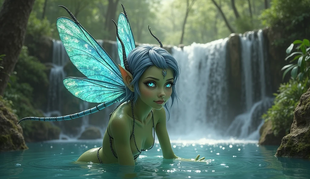 An elf woman bathes naked in a pond while several butterflies flutter nearby.