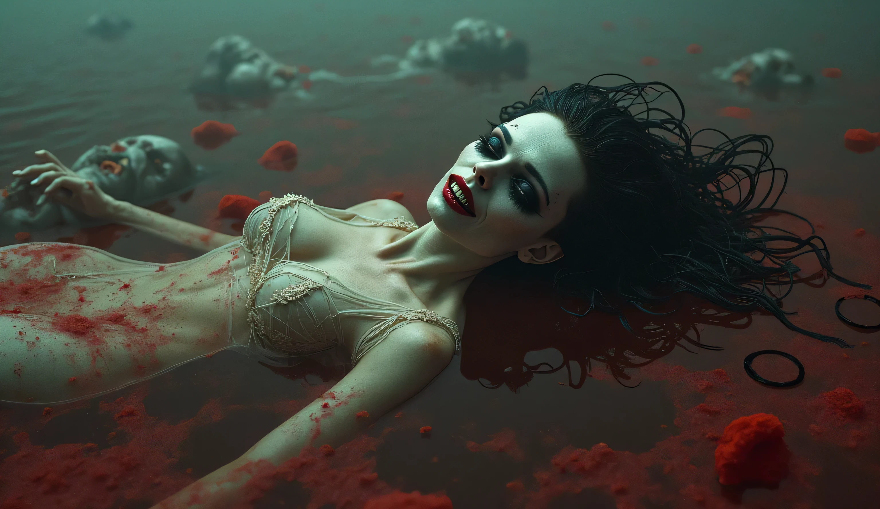 Imagine 😀, 35mm film photography, whole body, Uma Barbara Palvin caucasiana Kalea com o corpo amarrado com farpas, bloody, bleeding, pale, sadist, barbed wire, Kale, sultry body, big boobies, Raby, perspiring, in a puddle of bloody mud on the swamp, Kale, sultry body, big boobies, no twilight, fog, beleza sinistra, slaave, (details Intricate:0.9), (HDR, hyperdetailed:1.2), CRU, Sony Alfa A9 II, 24-105mm f/4, HDR,