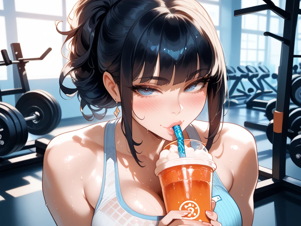 Wii fit trainer, White skin, crop top, ponytail, capri pants, midriff, Yoga sitting position, drinking a milkshake