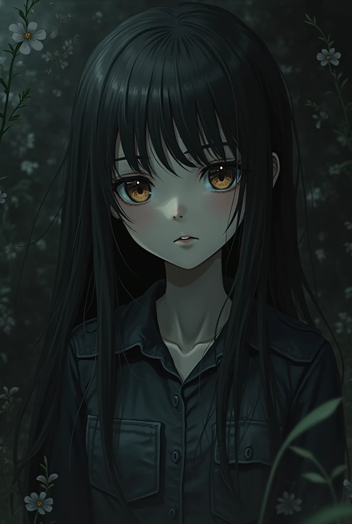 Anime girl with long black hair, purple eyes, light brown skin, her dress dirty and ripped, black marks on her body with ink rolling down her face and make her standing in a forest 