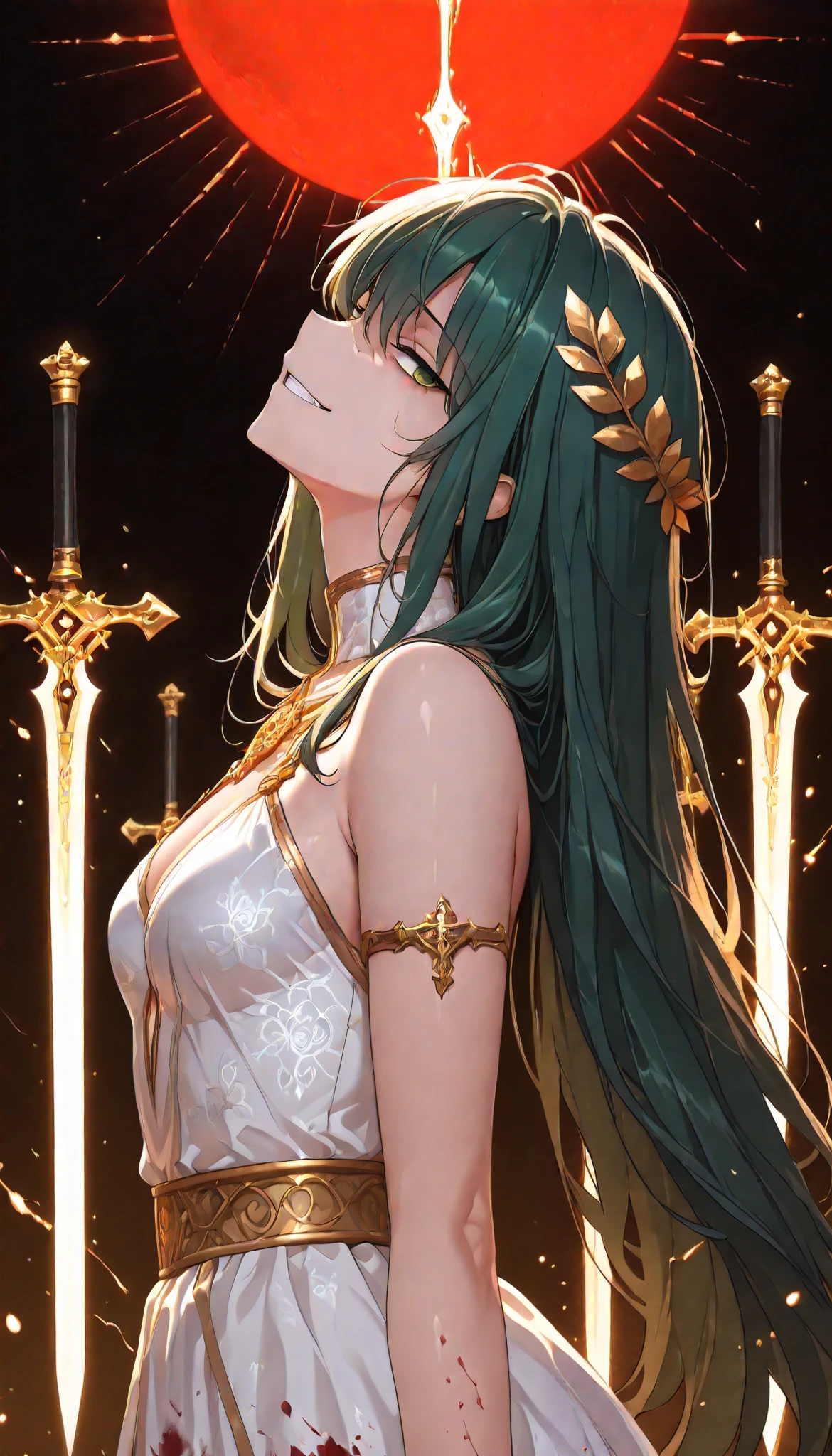 (upper body shot, close up shot, solo:1.2),sword dance, sword circle, detailed background, atmopspheric lighting, magic circle,magic array, detailxl, Anime illustration, detailed anime artstyle, cinematic, volumetric lighting, clear sky, massive magical aura, moonlight, cold light, colorful, light reflection, (head tilt, looking over her shoulder, teasing, death glare, death stare, flirty, romantic, french, royalty, sultry, (standing, dynamic pose:1.1):1.1), (glaring at viewer, side eye side profile, from the side, looking at viewer, head tilted upwards:1.4), (1girl:1.18), mature, chaos warrior, adolescent, detailed skin, extremely detailed eyes, dynamic pose, dual wielding \(cross\), aura swords, armor, green hair, very long hair, messy hair, hair flowing in the wind, green eyes, golden eyes, long hair, crazy smile, yandere, gesugao, tsurime, white royal dress, royal ornate greek dress, black and gold trimming, black and gold lining, laurel crown, french dress, blood stained clothes, bloody sun, red sun, warrioress, goddess, god of war, bringer of destruction, small breasts, array of swords, sword array, sword magic, dual wielding, wielding swords, lightblades, magical swords, magic