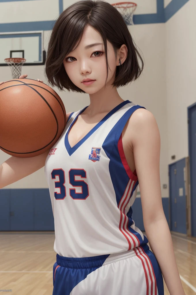 highest quality, masterpiece, Ultra-high resolution, ((Realistic textured skin)),(Realistic:1.6),blue sky,((Athletic build)), (Close-up portrait) RAW Photos, ((Free Throws))、,pretty girl,20-year-old,((Angels)),((Stylish basketball wear)),((Basketball court)),((Rear-facing cap)),((Straight pink short hair)),((Smiling with teeth showing)),((Big smile))