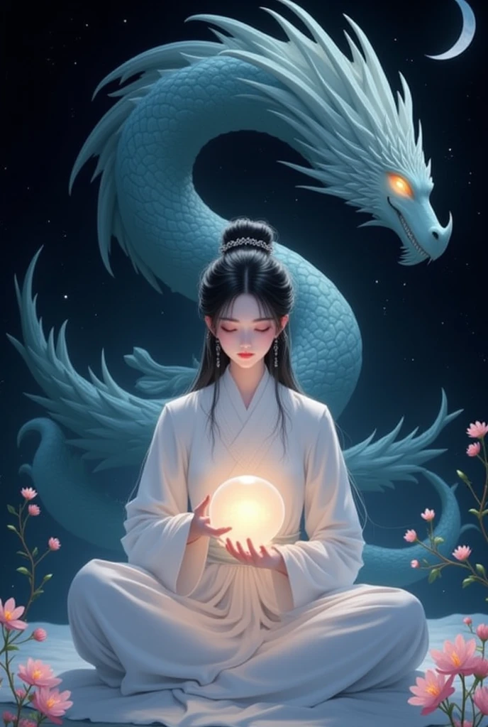 (harmony, balance, yin and yang), Chinese silk painting, Tai Chi principles, fluid movement, interrelated elements, interplay of contrasting forces, Taoist philosophy, touches of the I Ching, warm and cool tones, art of reflection, inspiration by Laozi, Zhuangzi, Yin-Yang Diagram, Tai Chi Diagram, Bagua Diagram, Unity of Spirit and Body, 1 attractive boy, 1 girl, ultra realistic face, highly detailed eyes, Solo, Taoism, Summoning Magic, Movie Lighting, Fire and Ice Split, Bagua Background, Circle Bagua, Yiyang, Taoist Practice, Meditation Sitting, Buddha Sitting, Spiral Dragon, Top Cloud Dragon,