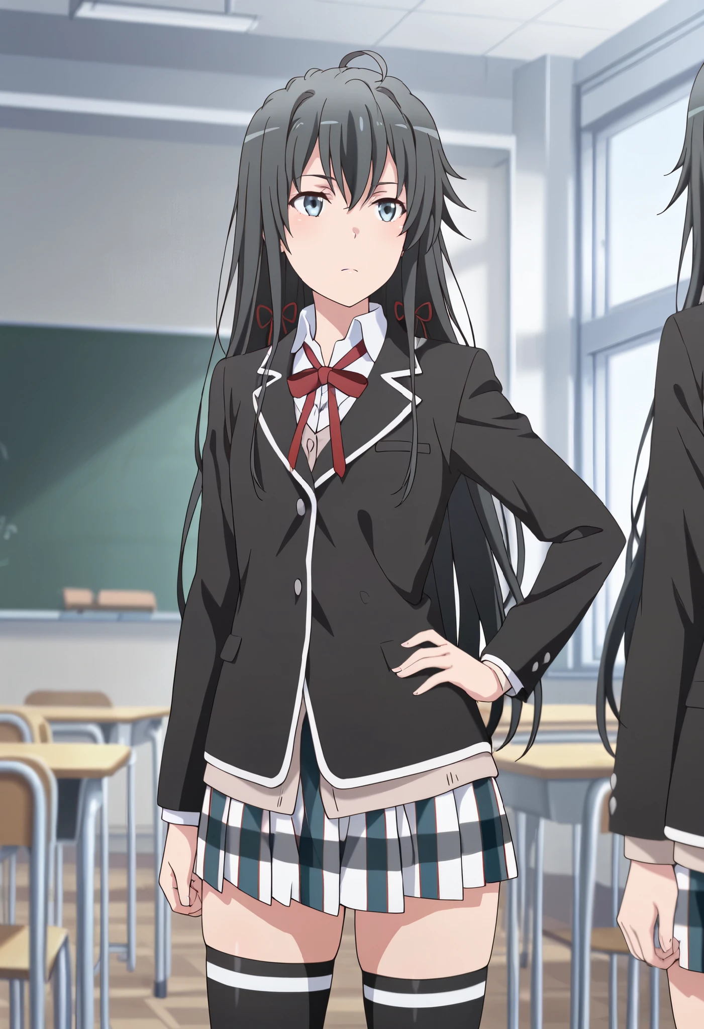 masterpiece, best quality, highres, yukinoshita yukino, long hair, ahoge, hair ribbon, school uniform, neck ribbon, collared shirt, blazer, black jacket, long sleeves, plaid skirt, black thighhighs, classroom, hand on hip, standing