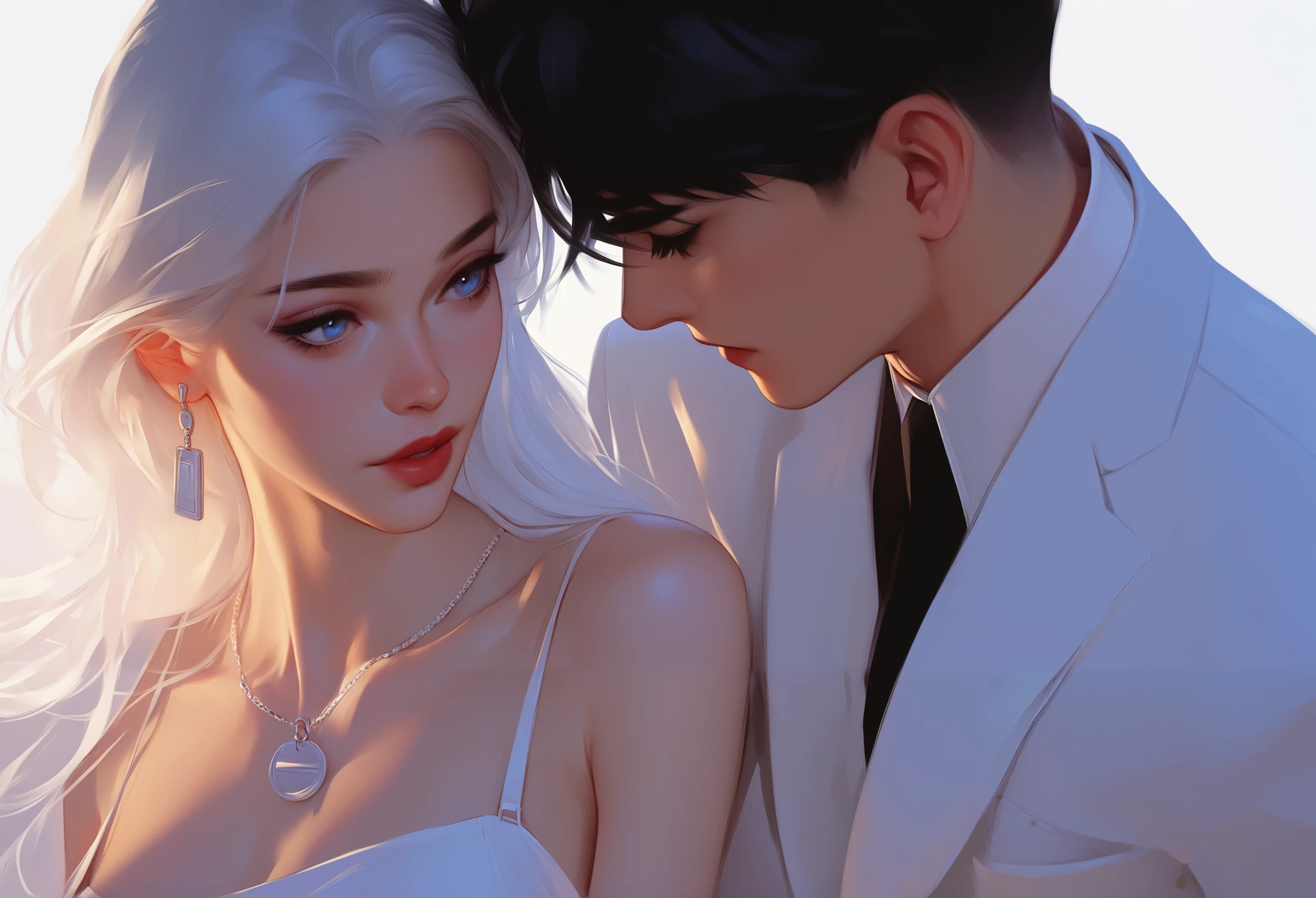 A couple, handsome black haired man wearing a suit, sculpted body, white skin, beautiful white haired blue eyed woman wearing a modern white dress, beautiful girl, intimate couple, white background