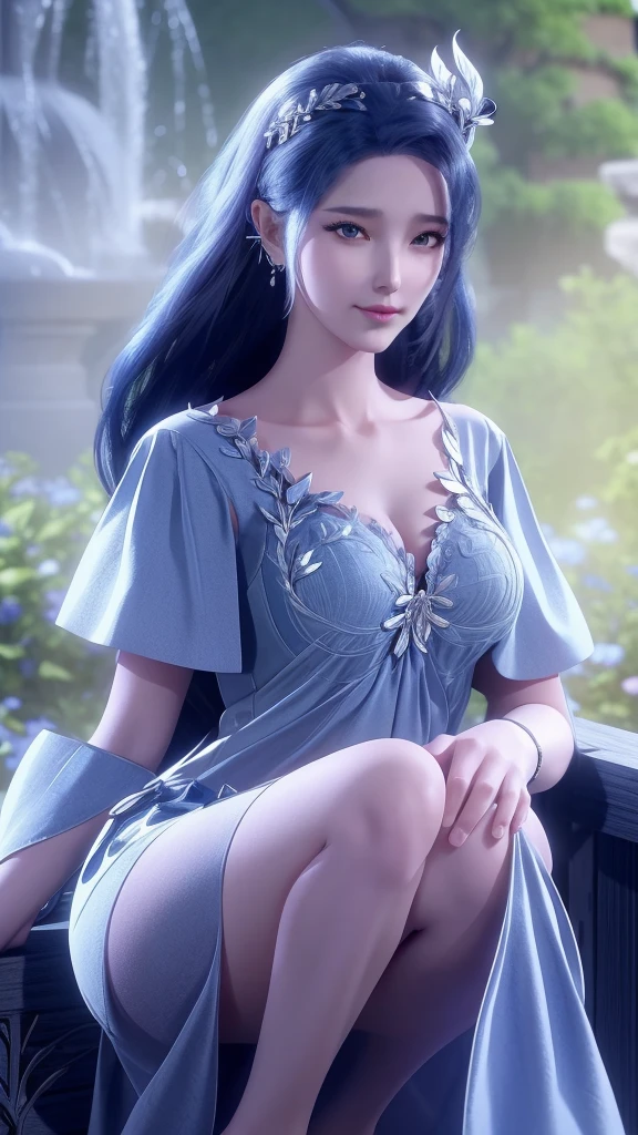 Arad woman in blue dress sitting on windowsill, cute anime waifu in a nice dress, trending on cgstation, 8K high quality detailed art, anime barbie in white stockings, highly detailed exquisite fanart, Extremely detailed Artgerm, the anime girl is crouching, flowing magical robe, beautiful and seductive anime woman, WLOP and Sakimichan