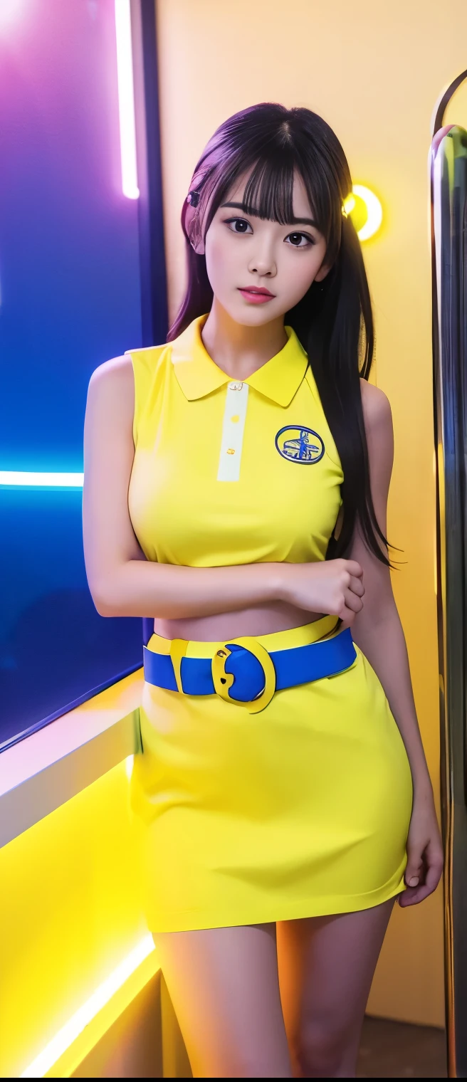 Cool Retro Idol Girl、full body、A pure girl's face、 hypo、、yellow and blue retro tight mini dress（Sleeveless）、Glowing flashing wand、Flash Belt