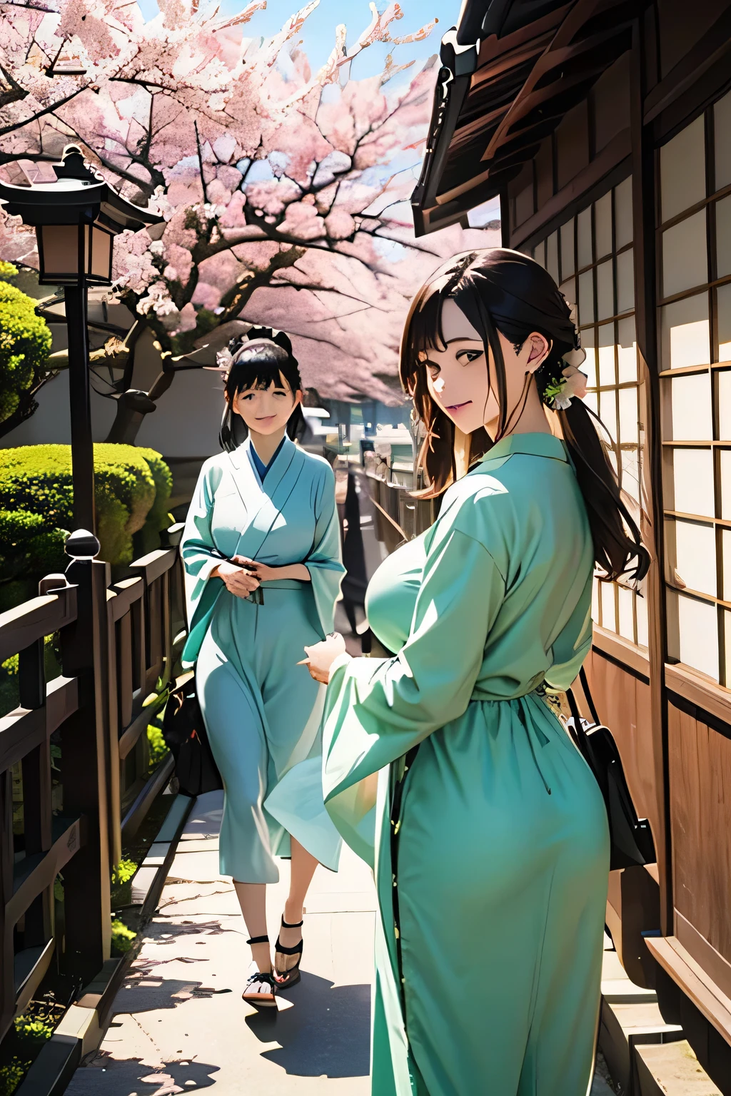 Best Quality、Hi-Res、(high image quality:1.4)、masterpiece、detailed background、(very detailed face:1.2)、(detailed eyes:1.2)、age beauty、( huge breasts:1.3)、(Normal number of fingers:1.3)、anatomically correct、perfect body line、Bright-colored hair、ponytail、 braided bob cut 、Kyoto Temples、
(Two women enjoying a special temple tour in Kyoto in the spring. :1.5)、(Two women reflected in the background of Kyoto Temples:1.5)、
Going through the gate, a garden that is usually closed spreads out before you. 、Cherry blossom petals flutter down with every step you take on the mossy cobblestones. 、The chirps of birds and the distant sound of bells echo in the silence. 、When you step into the back of a historic building, golden Buddha statues and elaborate fusuma paintings appear、The spring light filters through the shoji screens, softly lighting the room. 、Softly illuminating the room、When you step out into the garden, you will be captivated by the magnificent view of green maples and cherry blossoms in full bloom. 、(Lavender and mint green long dress:1.2)、Lace-up shoes、cute