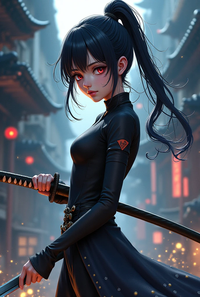 (best quality, highres:1.2), ultra-detailed, realistic:1.37, vivid colors, bokeh, HDR, professional, silhouette,foggy scene,body,severe expressions,sexy elf kitten,19 years old,two katanas,sticking out,killer leaning on the body,ninja costume,angry eyes,glowing eyes,dead body,murderer