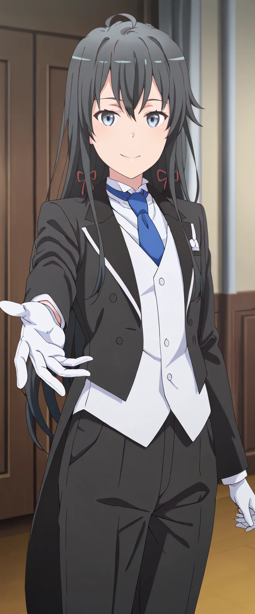 1girl, solo, yukinoshita yukino, suit tuxedo , , long hair, bangs, sidelocks, indoors, standing,happy,smile,looking at viewer, cowboy shot, blue tie woman in formal attractive suit tuxedo tailcoat standing in a large alcove in the room, , reaching towards viewer , gloves ,