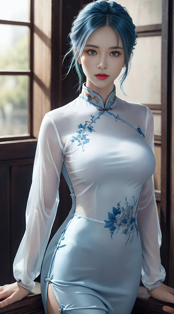 (Hyperrealistic), (illustration), (high resolution), (8K), (Extremely detailed), (Best Illustration), (Beautiful detailed eyes), (Best quality), (Ultra-detailed), (Masterpiece), (the wallpaper), (Photorealistic), (Natural light), (rim lit), (Detailed face), (Highly detailed realistic skin textures), (Anatomically correct), (Solo), (1 girl), (high detailed realistic hair), (Blue hair:1.2), spiked hair, (Heterochromic eyes), (detailed green eyes), (Small moles under the eyes), (Realistic big breasts:1.5), (Exposed breasts:1.3), (Long legs), (Slender abs), (Dynamic pose), (Closed mouth:1.3), (traditional cheongsam outfit), (Sheer clothes:1.5), NSFW,nakeness