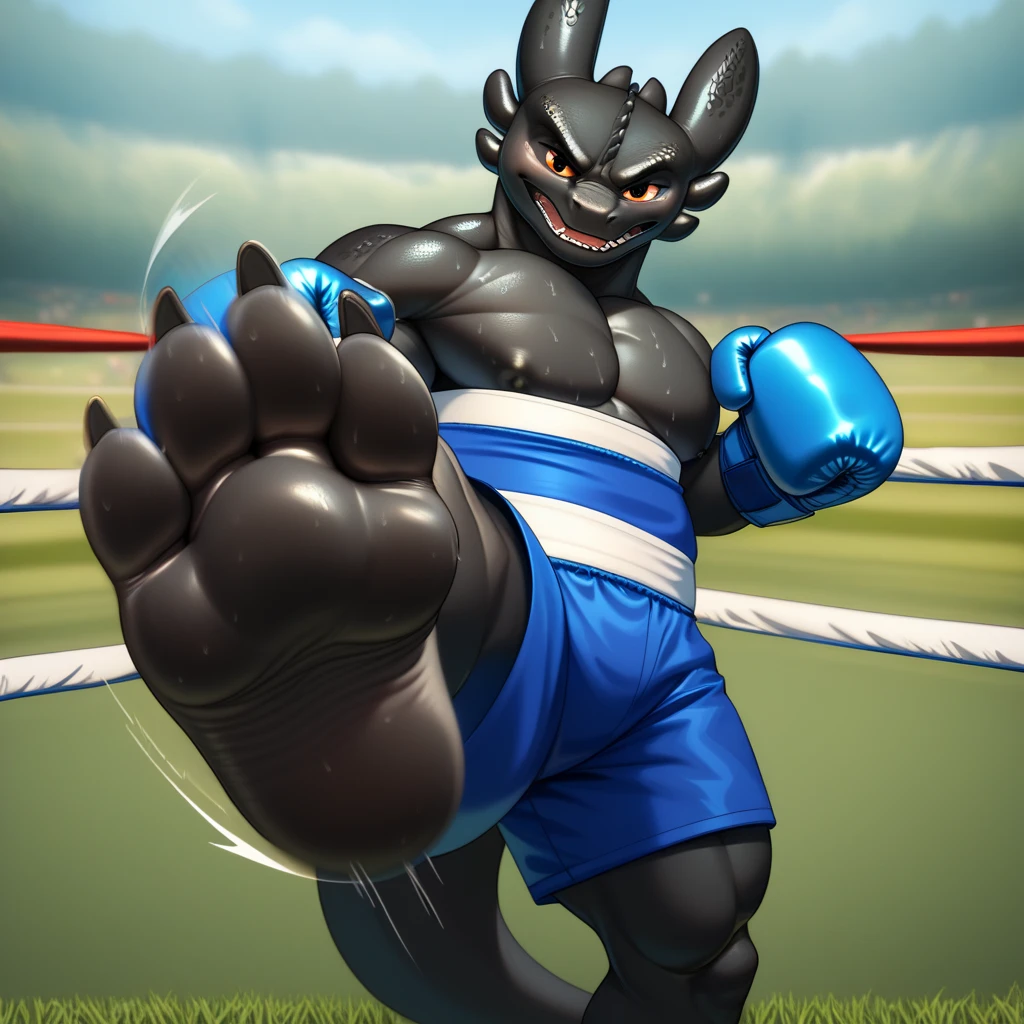 zPDXL3, pov_kickboxing, kicking_the_viewer pov, foreshortening, depth of field, in a boxing ring, blue boxing gloves, extreme perspective, extreme closeup, closeup, action shot, kickboxing, dynamic pose, motion lines, impact lines, kicking the viewer, perform stomping kick, cropped head, grassy field background, barefoot, good feet, feet are not blurry or out of frame, black toes and pawpads, claws pawpads and toes presented to the viewer, foot fetish, foot focus, viewer is stomped under big foot, feet are sweaty, feet are dirty smelly musky, feet have three toes, black scales
BREAK
Toothless, dragon, furry male, looking at viewer, angry, large pectorals, chubby with muscle, lowangleview-3000
