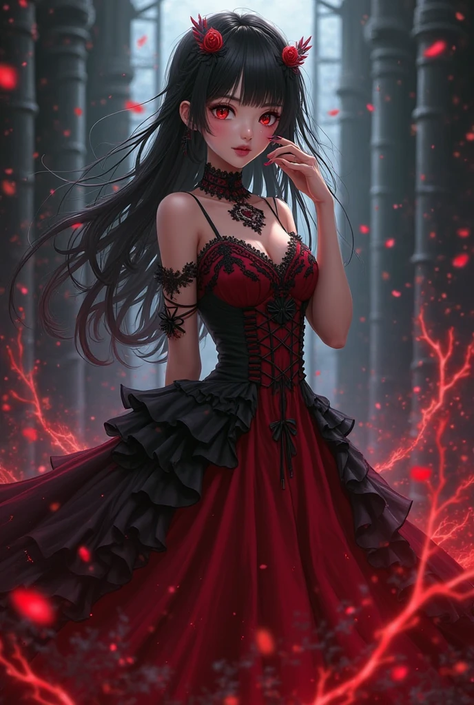highres, ultra-detailed, (best quality,4k,highres,masterpiece),subdued colors, vivid colors, professional lighting, detailed lips, detailed eyes, goth girl,fishnet stockings on thighs,dark and mysterious scenery,beautiful detailed eyes,long black hair,red lipstick,pale white skin,gothic fashion style,standing in a moonlit forest,with fog swirling around her,moonlight shining through the trees,creating dramatic shadows,gothic jewelry,studded collar and bracelets,dark and edgy makeup,black lace clothing,holding a bouquet of deep red roses,expressing both grace and rebellion,an air of mystery and confidence,an enchanting atmosphere,gothic-inspired tattoos on her arms and legs,dark nail polish,standing with a confident stance,exuding a captivating aura,hauntingly beautiful,embodying a blend of elegance and darkness,uniquely captivating,with an air of melancholy,an ethereal presence,as if she belongs to another world,her eyes reflecting a deep, inner strength