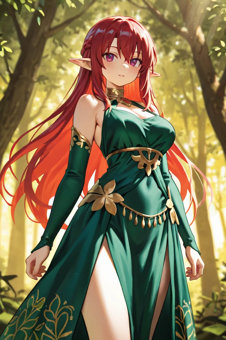Mature dryad girl, long messy auburn hair with leaves woven in, green eyes, hourglass figure, green forest dress