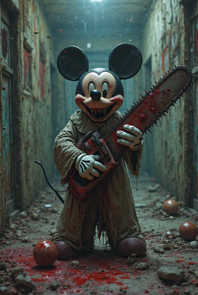 masterpiece, (photorealistic:1.4),creepyMickey Mouse, with blood poring down his face ,  RAW photo, 8k uhd, ((film grain)) ,zombie body, in the hell landscape. Dinsneyhell.