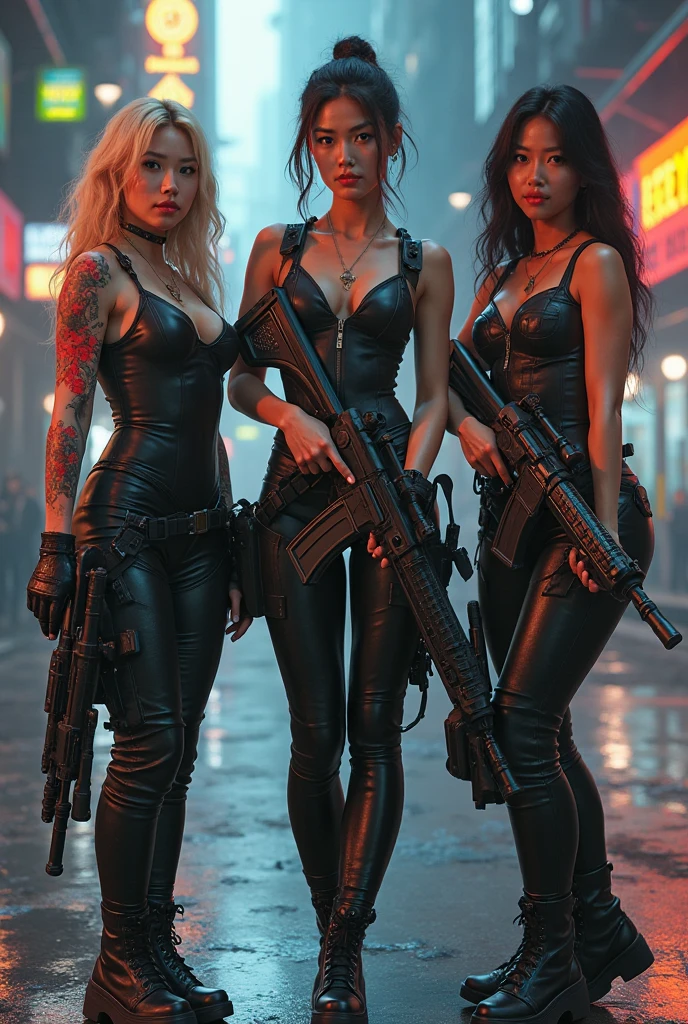 A gang of 3 sexy police women Atompunk retrofuturistic mecenries with weapons stand together in a busy futuristic city, dark fantasy