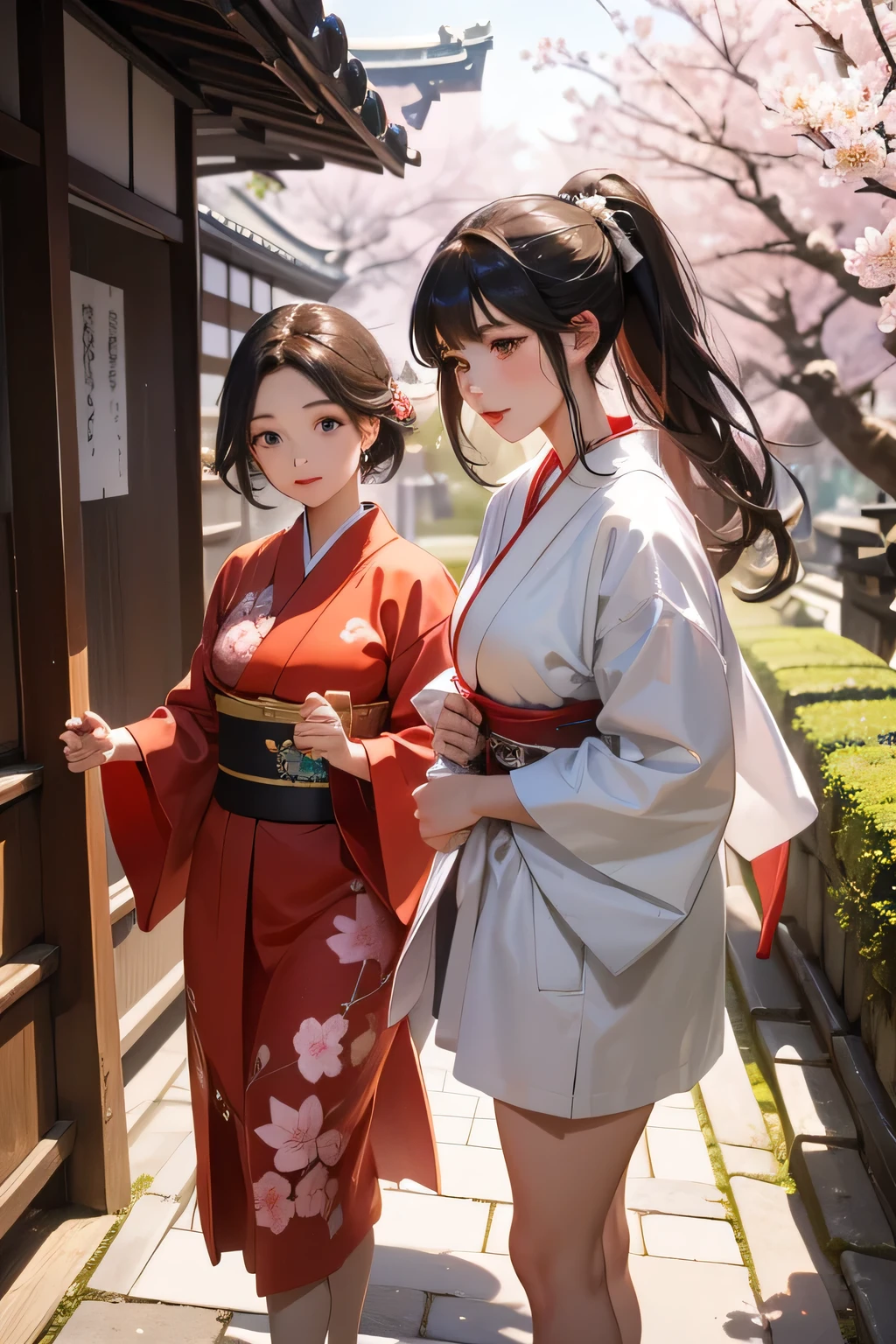 highest quality、High resolution、detailed background、cute10代の美少女、(two women:1.3)、brown hair、bob cut、braided ponytail、(huge breasts:1.3)、realistic、perfect body line、Floral embroidered panties、floral embroidered bra、emphasize the chest、emphasize cleavage、
He looked at me with a happy expression.、smile、Calm atmosphere、朱色のcuteメガネ、
Keep sleeves, typical shrine maiden's kimono, Gives a gorgeous and formal impression.、
The soft colors and floral design create a cute impression.、
Keep sleevesに合わせる帯は華やかさと巫女らしさを引き出すアイテムです.、
It is a good idea to choose an obi with a cute floral pattern or decoration on the tightening part.、
Shrine maiden'The costume has a collar decoration called a maeita.。.、
Choose a front with a cute ribbon or flower motif.、
You can choose cute geta or zori sandals for the shrine maiden'footwear.、
Something brightly colored、We recommend designs with small ribbons or flower decorations at the feet..、
You can also add cute accessories、
Pins and hair bands with flower and ribbon motifs、
Shrine maidenらしいアクセサリーを選んでみてください.、
Arrange your hair in a shrine maiden style such as a bun or braid..、
In makeup, to give a healthy impression、Natural skin tone and soft cheeks recommended.、
Meiji Shrine in Tokyo、This is a shrine dedicated to Emperor Meiji and his achievements during the Meiji era.。.、
Vast grounds and beautiful forest, You can enjoy the atmosphere of a traditional Japanese shrine.、
Shrine maidens participate in rituals and festivals.、
Perform sacred rituals to offer prayers and blessings in front of the shrine together with the shrine.'chief priest and priests.、
Shrine maiden guides the worshipers and explains the rules and etiquette of the shrine.、
It plays the role of supporting worshipers so that they can worship properly.。.、
Shrine maiden also manages and cleans the shrine.、Maintaining the beauty and cleanliness of the shrine through maintenance and cleaning of the precincts、cute