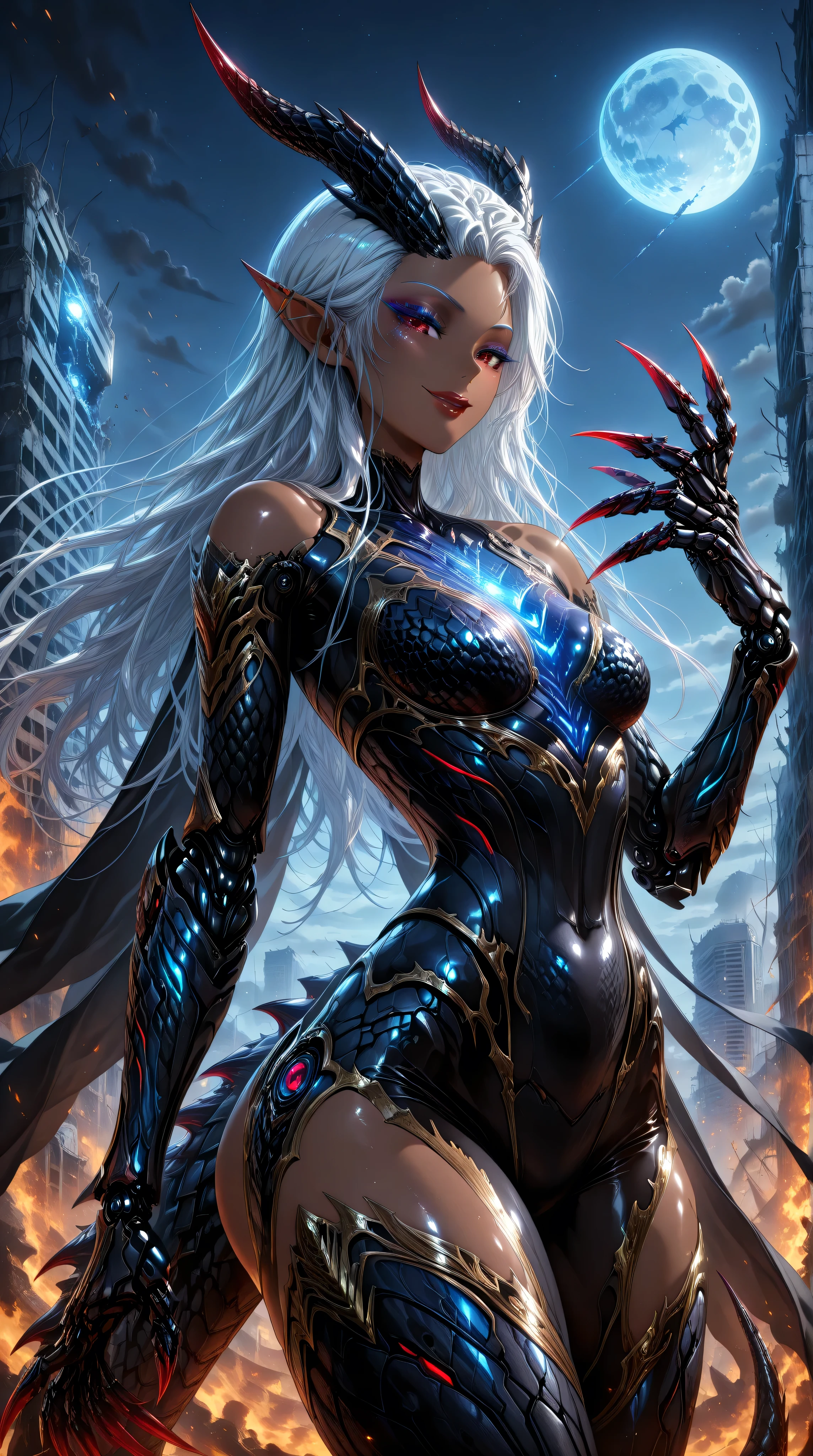 (cowboy shot),masterpiece,best quality,official art,extremely detailed CG unity 8k wallpaper,extremely detailed background, fantasy art, intricate details, (Sci-fi style), (Mechanical style),1girl,aorun,dark elf,dark-skinned female,solo,dark skin,red eyes,white hair,long hair,small_breasts,black Mechanical body,black mechanical parts, black mecha corset,blue robot joints,black mechanical arm,anklet, thick thighs,thick lips,red lip,(black mecha musume),lustrous skin,shiny skin,black dragon mecha armor,gold trim,neon trim,(black cape is floating),dragon horn,dragon tail,dragon hamtel,wide hips,thick thighs,makeup,bare shoulders,black bodysuit,armored bodysuit,black helmet,(upper body)
outdoor,building_ruins,burning city,black night,blue moon,seductive smile,flying in the sky,rising fists, claws