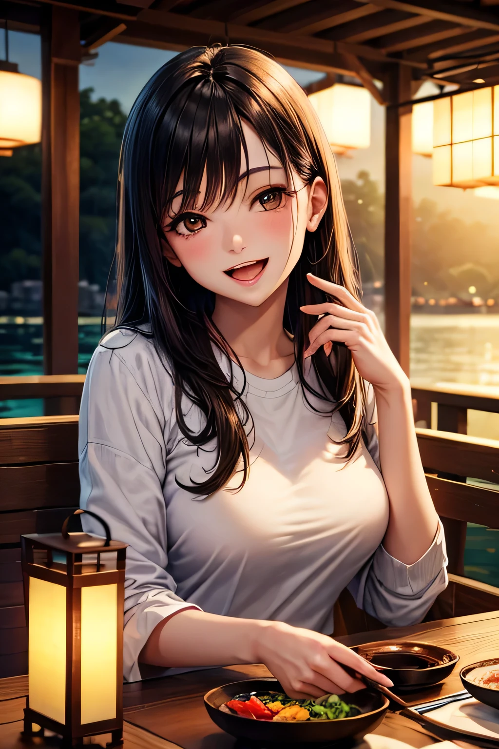 (8k, top quality, masterpiece: 1.2), (realistic, photorealistic: 1.37), super detailed, girl single, cute, solo, midnight, beautiful detailed sky, detailed café, sitting, date, (blush), (smile: 1.15), small breasts (mouth closed), beautiful fine eyes, floating hair NovaFrogStyle, back open dress