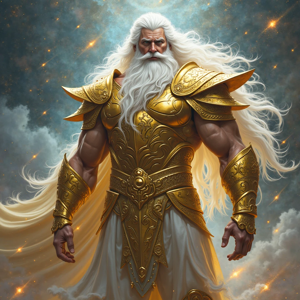 （best quality，ultra-detailed，Best illustration，Best shadow，masterpiece，high resolution，professional art，famous art）LORD of light and heavens, with his majestic power, exuding blue and orange rays around his body , skin white like albino, skin like white porcelain, strong and muscular, strong LORD with his white beard and long white hair, bright eyes like the sun and strong light, in profile with his belt of gold and precious stones, surrounded by white clouds, scenery of a sky full of angels and beings of light