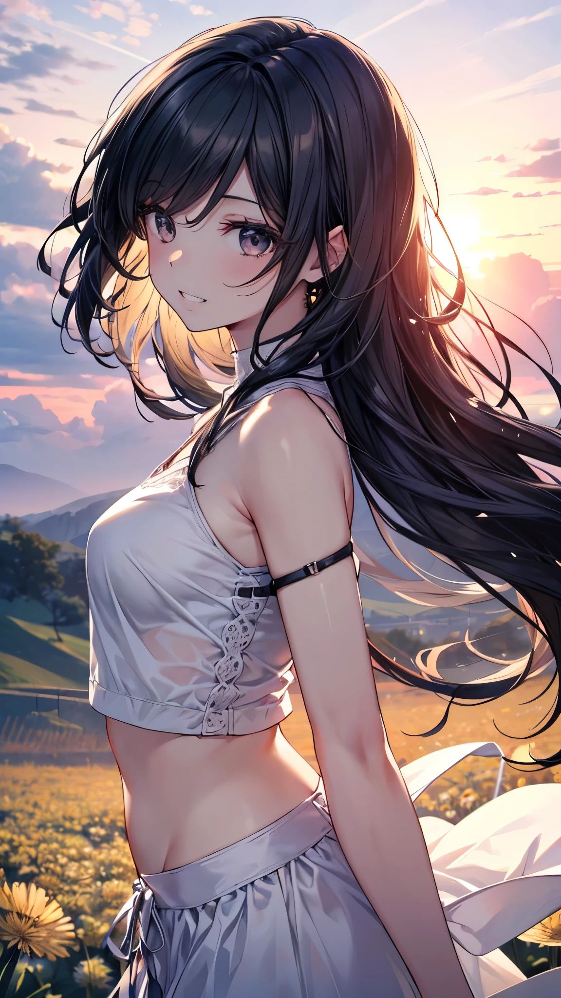#Basics A girl is posing for a photo, animeのかわいい女の子, (((One Girl, Baby Face, Young girl, 16 years old))),
BREAK
#Clothing Accessories
((Blue denim bell bottoms) + (A simple white off-shoulder shirt), (She's wearing a light blue summer cardigan)), Wearing white mules),
BREAK
#Features
((Black Hair:1.4 Curly hair:1.4, (Long Hair : Long Hair + Fuller, more voluminous hair + Hair blowing in the wind)),
(Droopy eyes, blue eyes), (Small breasts),
BREAK
#background environment
((noon, Sunshine, blue sky, Tanned and dark skin, Standing in an agricultural landscape, such as a crop field or pasture, There are agricultural tools and machinery around.)),
#Facial Expression Pose
((Wicked Smile), (Are standing)),
#composition
((Face the camera, Angle from the front, Cowboy Shot:1.4)),
BREAK
#Body parts elements
(Detailed hair, Beautiful Hair, Shiny Hair),
(double eyelid, Long eyelashes),
(Expression of fine eyes, Beautiful and delicate eyes, Sparkling eyes, Eye Reflexes, Glitter Eyeliner),
(Human Ear),
(Beautiful Nose, Thin Nose),
(Glossy lips, Beautiful Lips, Thick lips, Glossy Lips, Natural Cheeks),
(Detailed face, Symmetrical facial features),
(Detailed skin, Textured skin, Beautiful Skin, Shiny skin),
BREAK
#Quality
(((Highest quality)), ((masterpiece)), ((Very detailed))), ((High resolution), (16K,1080P)),
(Realistic), (Anatomically correct),
((comics, anime)), (3DCG), CG illustration,