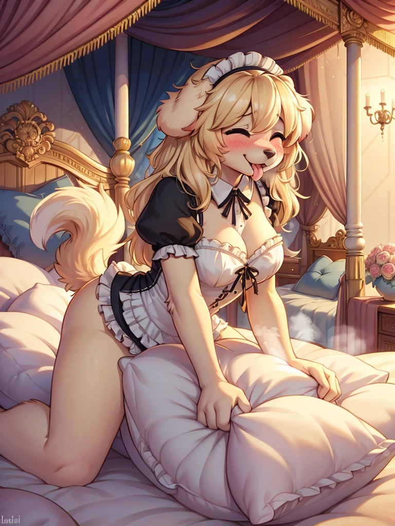 best quality,Optimal resolution,(Fluffy anthropomorphic furry :1.6),(young :1.8),Catwoman,Small Breasts,Light yellow hair,Long hair,curls,Curly hair,light fur,Yellow eyes,Sparkling eyes,Shining eyes,Big round glasses,maid outfit,Maid headdress,Maid gloves,Ruffles,Beautiful toilet,White light,Steam from a coffee machine,Full flush,Smiley Face,Smile,heart shape eye,Heart shaped eyes,Shy pose,permanent,Sexy pose,Paw pose，Sitting on the toilet，Holding the stomach，