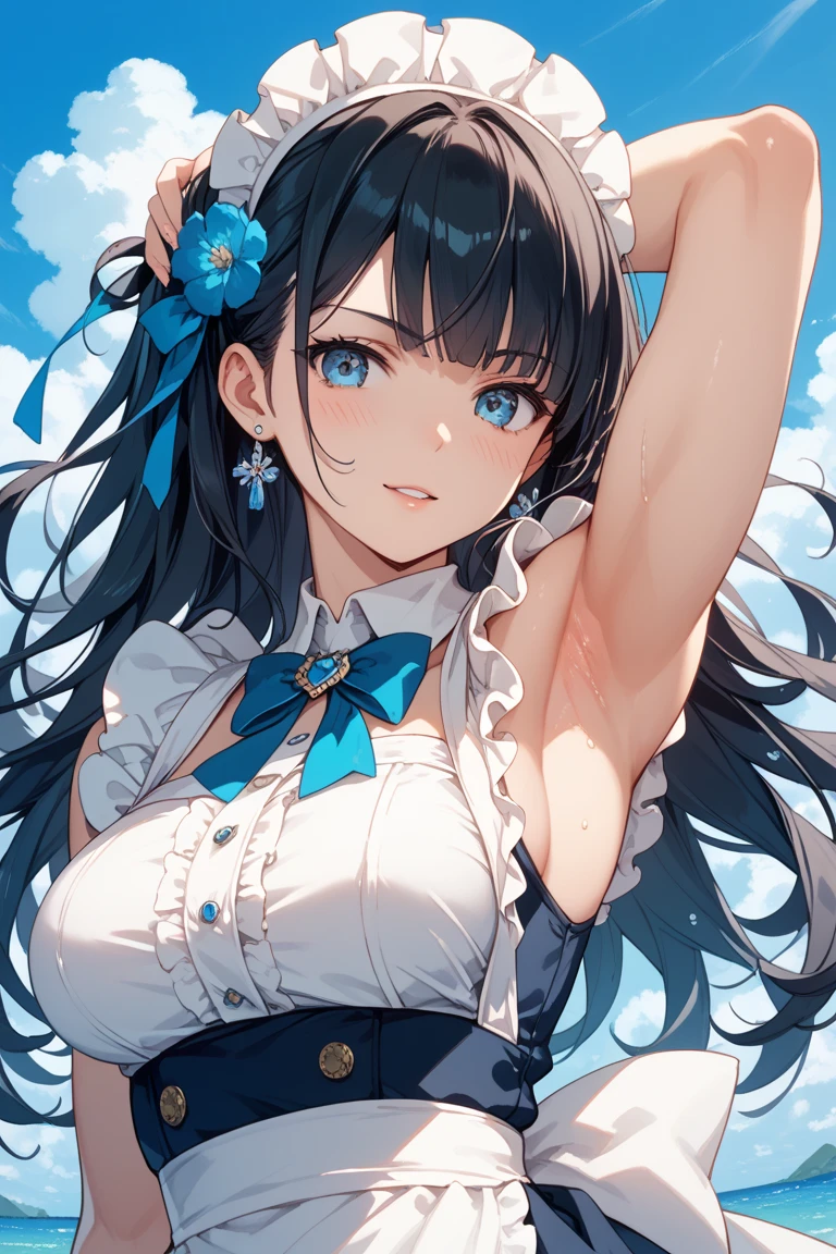 Girl in a long unbuttoned white shirt、Cute white bra、Cute white underwear、barefoot、Girl with super long black hair、Blue Ocean,Cumulonimbus and blue sky、Beautiful breasts、The cracks are clearly visible、Perfect hands、Perfect Legs、Cute mouth、smile