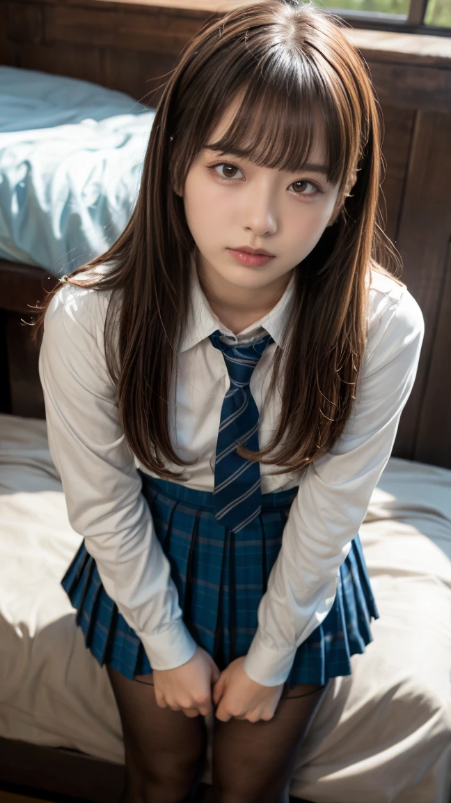 (masutepiece, Best Quality:1.2), 8K, 15yo student, 85 mm, Official art, Raw photo, absurderes, White dress shirts, Pretty Face, close up, Upper body, violaceaess, gardeniass, Beautiful Girl, School uniform, (Navy pleated skirt:1.1), Cinch West, thighs thighs thighs thighs, Short sleeve, On a hotel bed、Looking at Viewer, No makeup, (Smile:0.4), Film grain, chromatic abberation, Sharp Focus, face lights, clear lighting, Teen, Detailed face, Bokeh background, (dark red necktie:1.1)、Sit with your legs thrown out