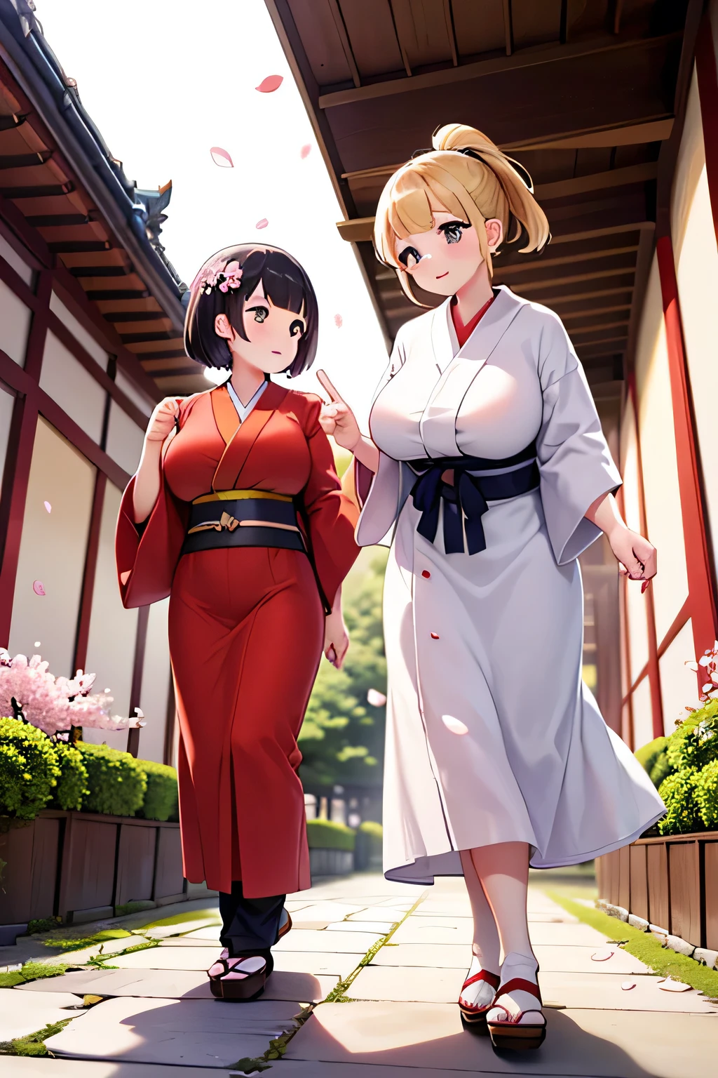 Best Quality、Hi-Res、(high image quality:1.4)、masterpiece、detailed background、(very detailed face:1.2)、(detailed eyes:1.2)、age beauty、( huge breasts:1.3)、(Normal number of fingers:1.3)、anatomically correct、perfect body line、Bright-colored hair、ponytail、 braided bob cut 、Kyoto Temples、
(Two women enjoying a special temple tour in Kyoto in the spring. :1.5)、
Going through the gate, a garden that is usually closed spreads out before you. 、Cherry blossom petals flutter down with every step you take on the mossy cobblestones. 、The chirps of birds and the distant sound of bells echo in the silence. 、When you step into the back of a historic building, golden Buddha statues and elaborate fusuma paintings appear、The spring light filters through the shoji screens, softly lighting the room. 、Softly illuminating the room、When you step out into the garden, you will be captivated by the magnificent view of green maples and cherry blossoms in full bloom. 、cute