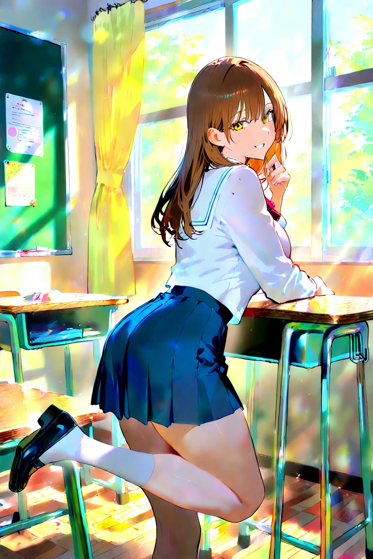 Kousaka honoka,1girl, solo, looking_at_viewer, blush, smile, open_mouth, skirt, bow, holding, jacket, ass, :d, bowtie, high_heels, cup, bare_legs, black_bow, formal, suit, tray, headset, exposed ass cheeks 