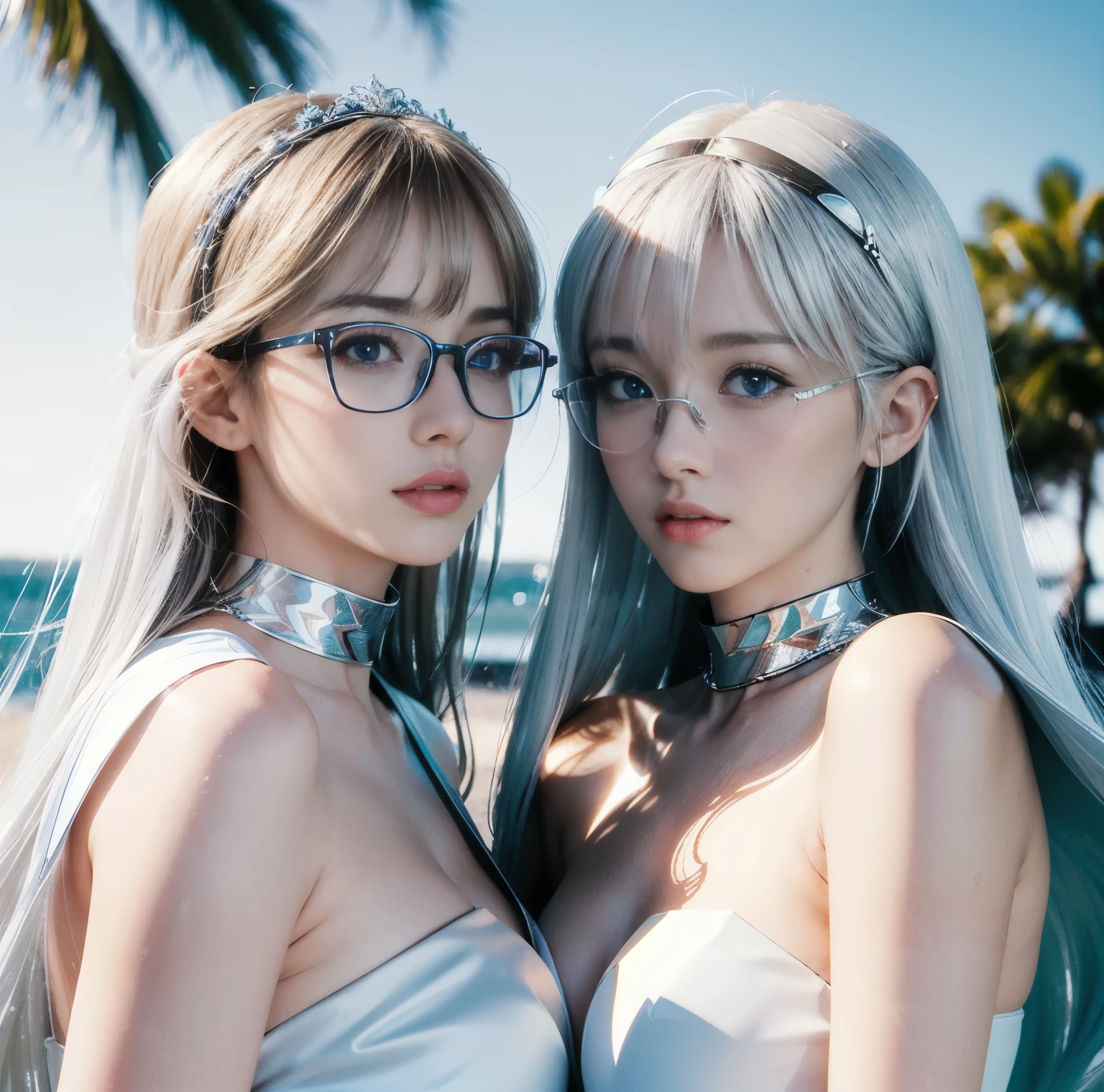 1 girl with long light blue hair, white skirt, close-up of face, (two heads)