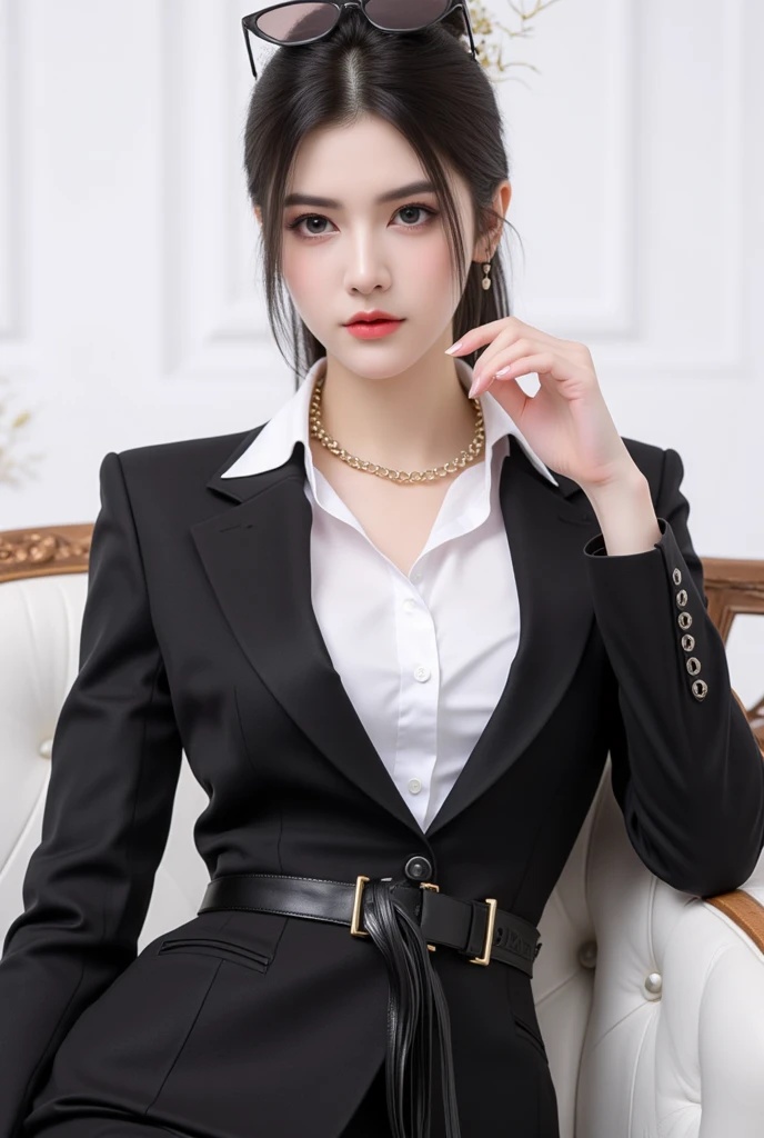 best quality、ultra-detailed、4k、Japanese、Seductive beauty、seductive adult woman、Pretty Woman、cool girl、Villainess、Brainwashed、brainwash、Fallen into evil、smirk、Evil look、Wicked Smile、evil、Brown hair、wavy hair、swept bangs、dark makeup、dark makeup、piercing eyes、hollow eyes,half-closed eyes、Hollow Eyes、purple Eyeshadow、black lipstick、black lipglos、uniform、suit、Jacket、blouse、Middle Flared Skirt、skin color pantyhose、night、inside darkroom、Are standing、Beautiful feet、Having lipstick、Seduce