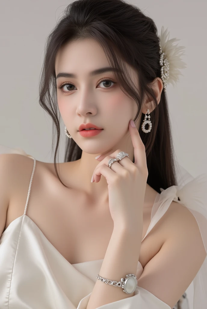xxmixgirl, Analog Style, Eye focus, Highest quality, (Very detailed skin), Exquisitely beautiful white skin photos, 21 years old, Shortcuts、Perfect Face, Captivating eyes, (Seductive makeup: 1.3), Skin pores, (Bokeh:1.5), Sharp focus, Dappled Lighting, (Backlight), Film Grain, (Very detailed, Exquisitely crafted), 8k, High resolution, Front view, Studio Light, Very detailed顔, Fine grain, (double eyelid: 1.4), Aristogle, Brown eyes, (commercial: 1.6), (Seductive makeup), ((White studio background: 2))