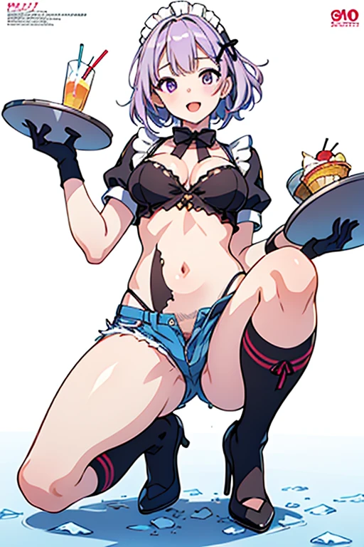 (from below:1.2),(from side:0.9), ((beautiful Face)), (Close-Up:0.6), ((looking at viewer, holding a icecream)),(Italian sweets magazine cover:1.4), highest quality、(real、photorealistic:1.5),(ultra high resolution,dark blue hair,long hair,side ponytail,hair between eyes,bangs, (beret, black jacket, open clothes, cleavage, midriff, black shorts, black thighhighs, thigh strap, fingerless gloves, single glove:1.2), (double breasted,under bust:1.2), sitting at a table, cute, anime visual of a cute girl, cute anime girl, eating cakes, young anime girl, guweiz, high quality anime artstyle, anime girl, artwork in the style of guweiz, beautiful anime girl, pretty anime girl, (anime girl), official artwork,(with sparkling eyes and a contagious smile),her thin pubic hair, looking at viewer, pose muy sexy"