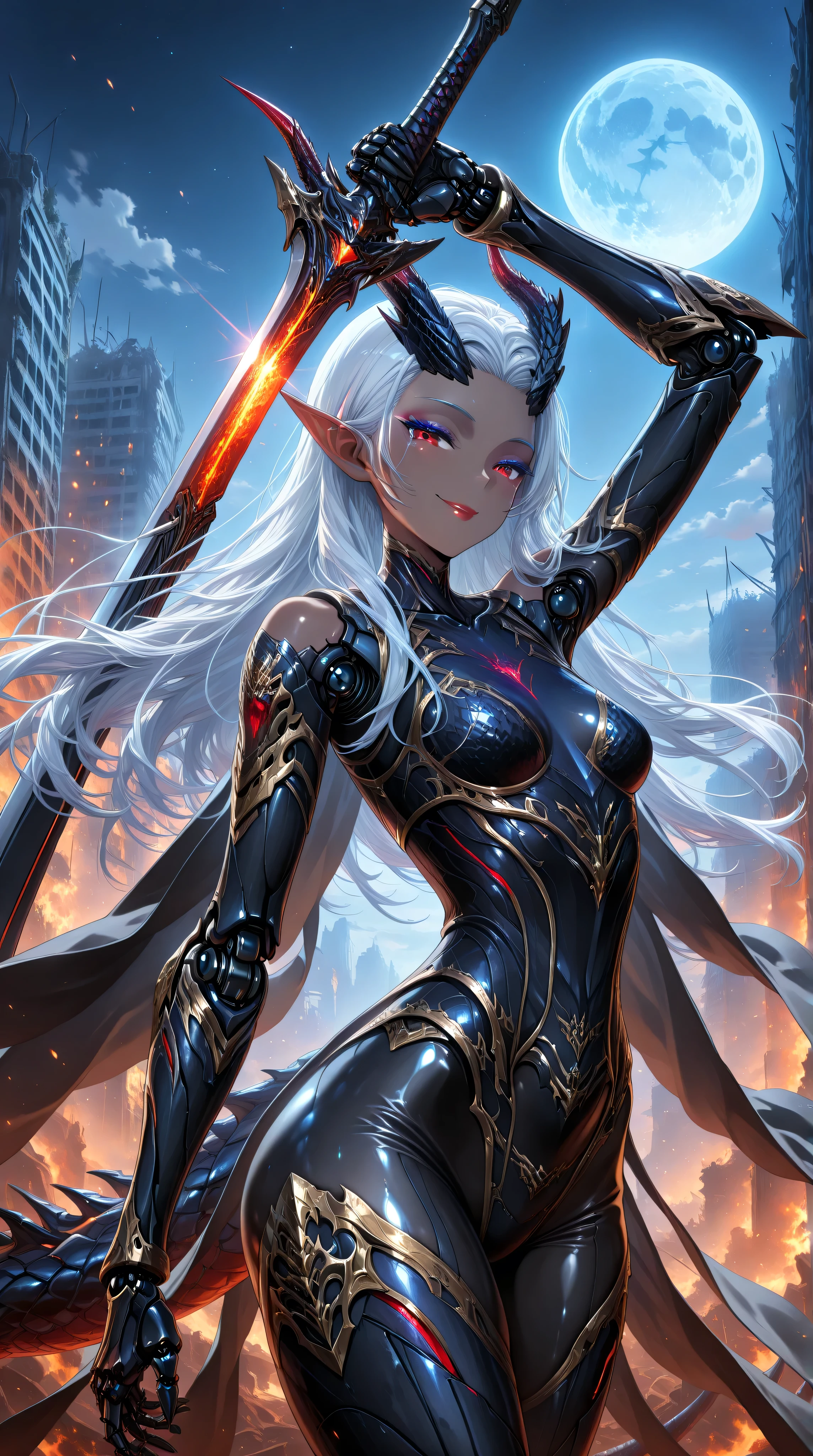 (cowboy shot),masterpiece,best quality,official art,extremely detailed CG unity 8k wallpaper,extremely detailed background, fantasy art, intricate details, (Sci-fi style), (Mechanical style),1girl,aorun,dark elf,dark-skinned female,solo,dark skin,red eyes,white hair,long hair,small_breasts,black Mechanical body,black mechanical parts, black mecha corset,blue robot joints,black mechanical arm,anklet, thick thighs,red lip,(black mecha musume),lustrous skin,shiny skin,black dragon mecha armor,gold trim,neon trim,(black cape is floating),dragon horn,dragon tail,dragon hamtel,wide hips,thick thighs,makeup,bare shoulders,black bodysuit,armored bodysuit,black helmet,(upper body)
outdoor,building_ruins,burning city,black night,blue moon,seductive smile,flying in the sky,holding sword,arm up unsheathing sword