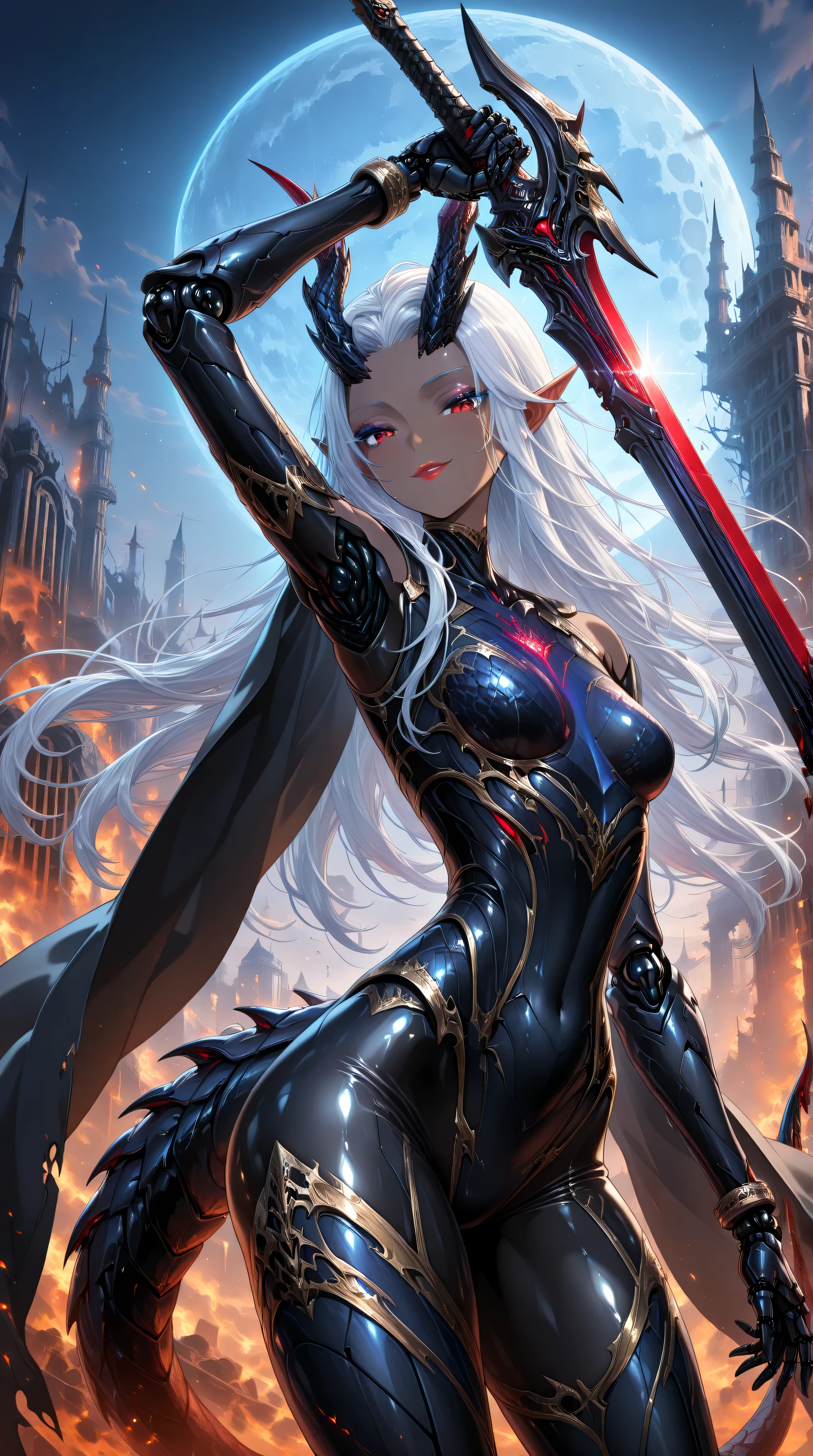 (cowboy shot),masterpiece,best quality,official art,extremely detailed CG unity 8k wallpaper,extremely detailed background, fantasy art, intricate details, (Sci-fi style), (Mechanical style),1girl,aorun,dark elf,dark-skinned female,solo,dark skin,red eyes,white hair,long hair,small_breasts,black Mechanical body,black mechanical parts, black mecha corset,blue robot joints,black mechanical arm,anklet, thick thighs,red lip,(black mecha musume),lustrous skin,shiny skin,black dragon mecha armor,gold trim,neon trim,(black cape is floating),dragon horn,dragon tail,dragon hamtel,wide hips,thick thighs,makeup,bare shoulders,black bodysuit,armored bodysuit,black helmet,(upper body)
outdoor,building_ruins,burning city,black night,blue moon,seductive smile,flying in the sky,holding sword,arm up unsheathing sword