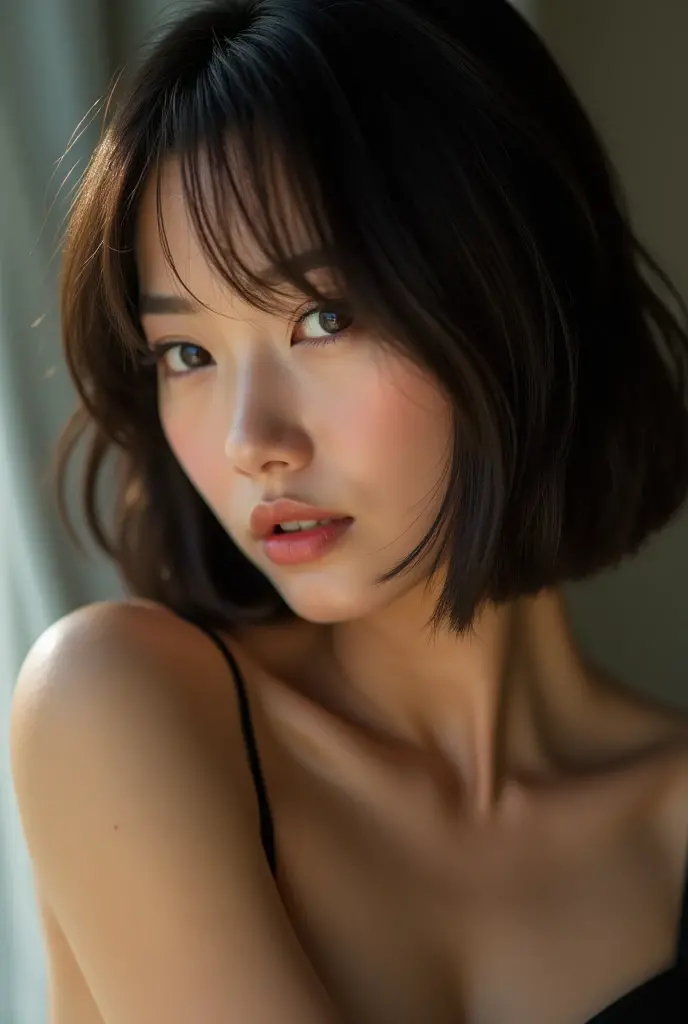 ((top quality, 8k, masterpiece: 1.3)), women (full body portrait, front, small underwear, slouch, cleavage, in the car), overhead camera, sharp focus: 1.2, cute women: 1.4, ((brown-haired, bob-cut)), very detailed face and skin and hair texture, detailed eyes, double eyelids, white skin, beautiful delicate nose, cute young Japan woman, 28 years old, It is a composition pleasing to the eye and thought-provoking while emphasizing the subject's hair, eyes, mouth and action, while exuding melancholy emotions characterized by a contrasting mix of light and shadow, with dynamic angles.