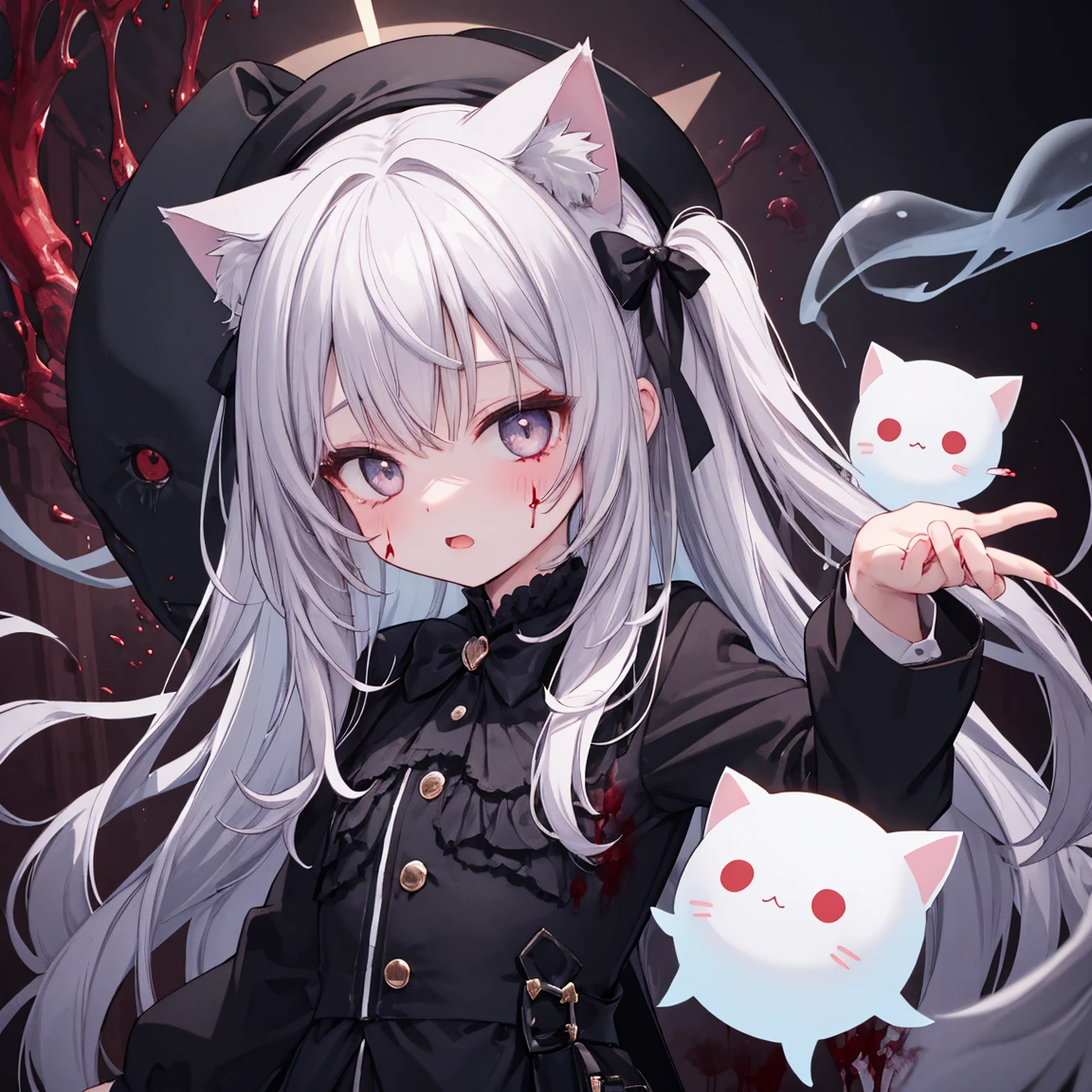 Detailed silhouette of a cyberpunk girl with cat ears and a tail, Flowing, Tattered coat, He has a giant blood scythe that includes a mechanical cat design., Stand on the glossy, Minimalist reflective surface, Soft Gray Background. Pastel Style