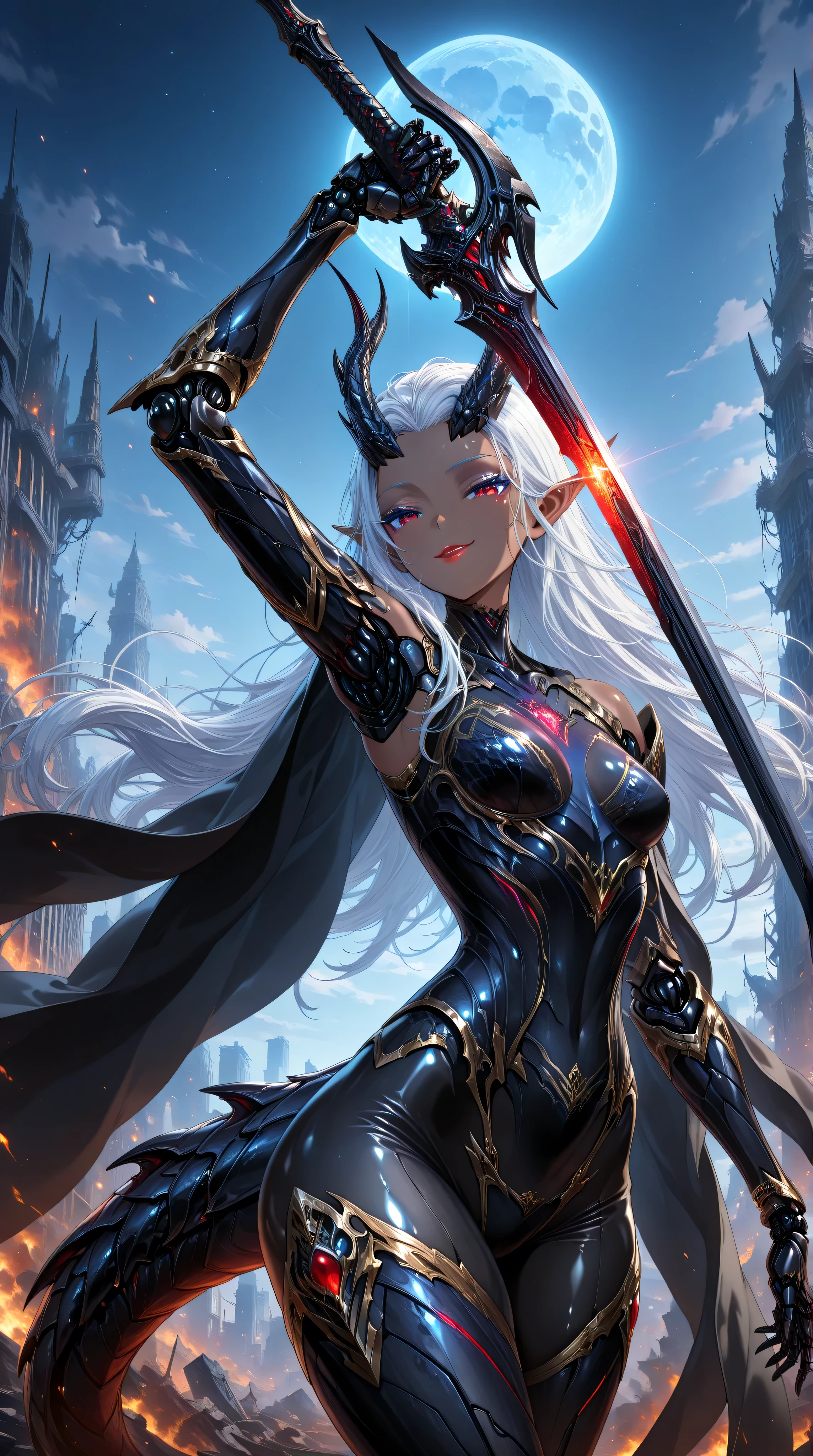 (cowboy shot),masterpiece,best quality,official art,extremely detailed CG unity 8k wallpaper,extremely detailed background, fantasy art, intricate details, (Sci-fi style), (Mechanical style),1girl,aorun,dark elf,dark-skinned female,solo,dark skin,red eyes,white hair,long hair,small_breasts,black Mechanical body,black mechanical parts, black mecha corset,blue robot joints,black mechanical arm,anklet, thick thighs,red lip,(black mecha musume),lustrous skin,shiny skin,black dragon mecha armor,gold trim,neon trim,(black cape is floating),dragon horn,dragon tail,dragon hamtel,wide hips,thick thighs,makeup,bare shoulders,black bodysuit,armored bodysuit,black helmet,(upper body)
outdoor,building_ruins,burning city,black night,blue moon,seductive smile,flying in the sky,holding sword,arm up unsheathing sword
