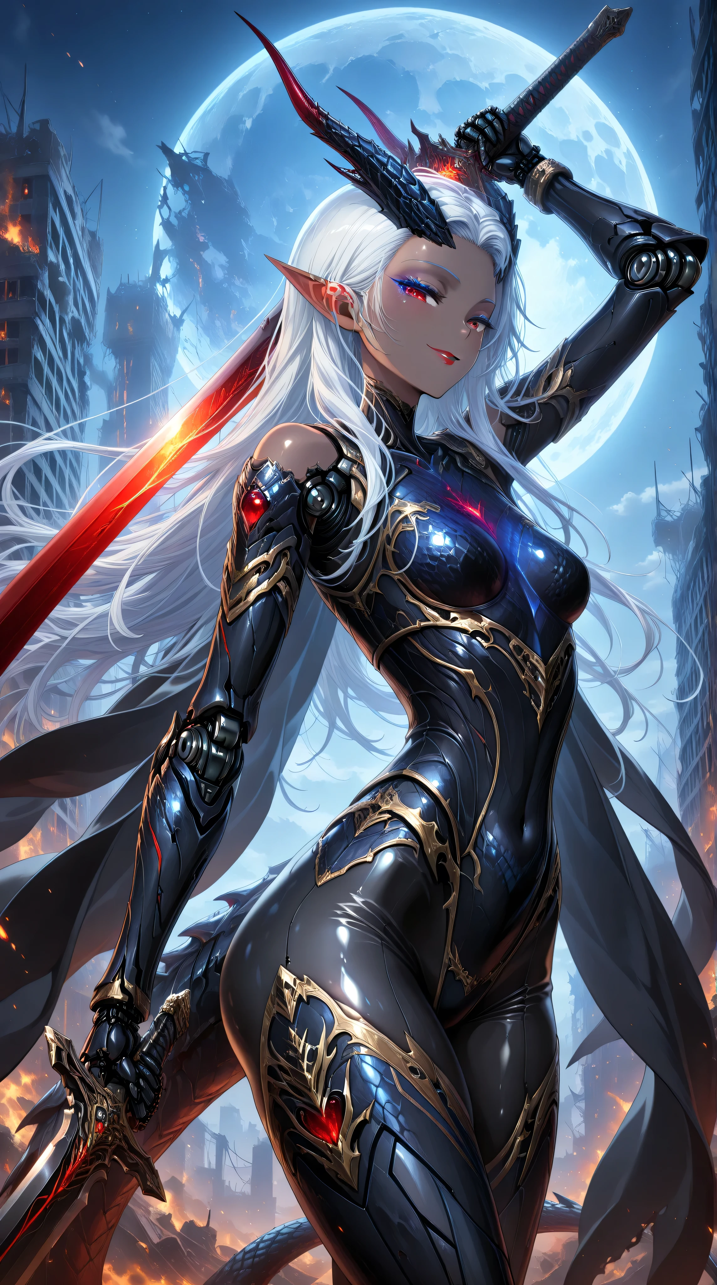 (cowboy shot),masterpiece,best quality,official art,extremely detailed CG unity 8k wallpaper,extremely detailed background, fantasy art, intricate details, (Sci-fi style), (Mechanical style),1girl,aorun,dark elf,dark-skinned female,solo,dark skin,red eyes,white hair,long hair,small_breasts,black Mechanical body,black mechanical parts, black mecha corset,blue robot joints,black mechanical arm,anklet, thick thighs,red lip,(black mecha musume),lustrous skin,shiny skin,black dragon mecha armor,gold trim,neon trim,(black cape is floating),dragon horn,dragon tail,dragon hamtel,wide hips,thick thighs,makeup,bare shoulders,black bodysuit,armored bodysuit,black helmet,(upper body)
outdoor,building_ruins,burning city,black night,blue moon,seductive smile,flying in the sky,holding sword,arm up unsheathing sword