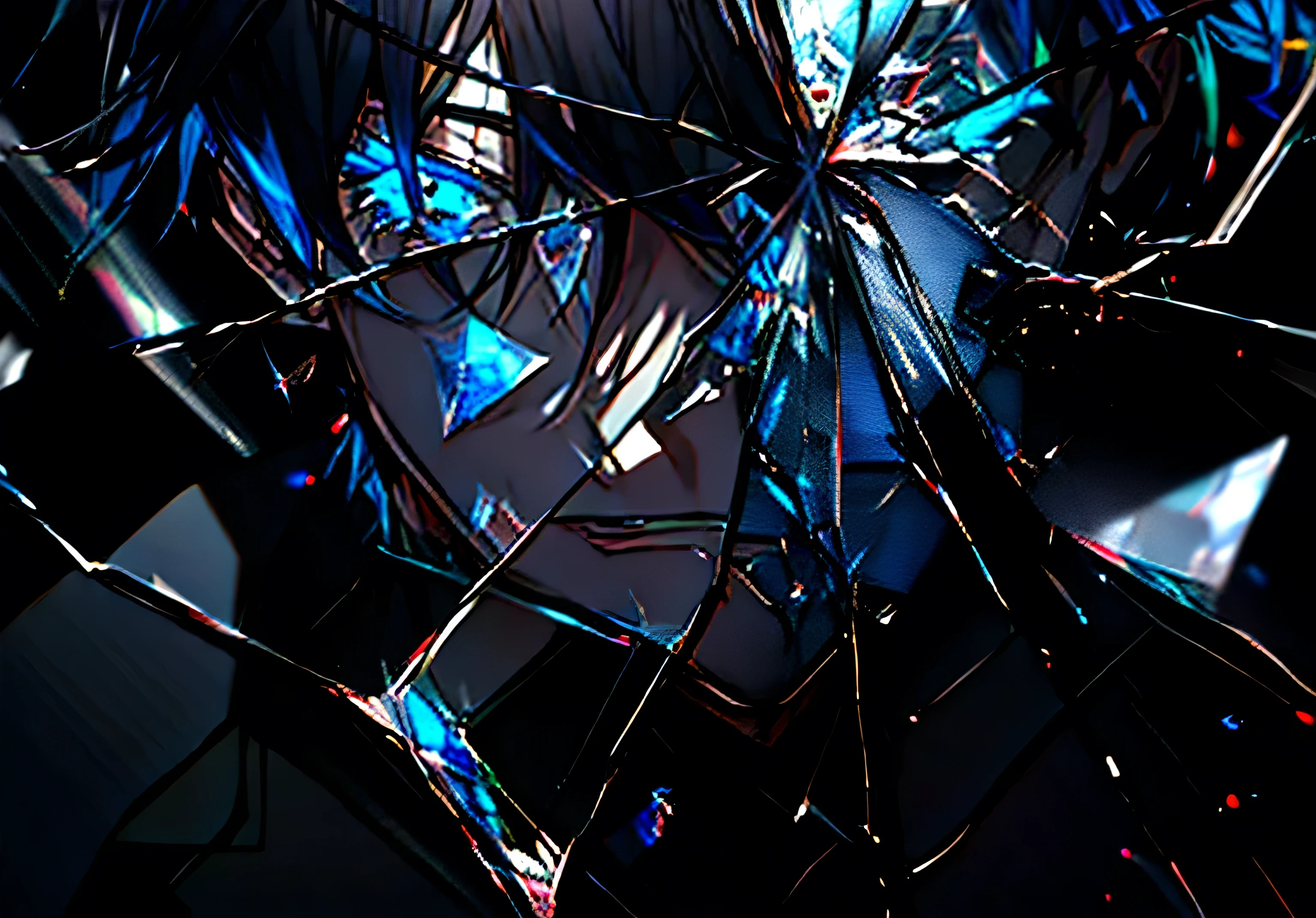 (male_face) anime boy, scruffy black hair, bangs, Blue eyes, long earrings, black hoodie, blue demon horns, blue katana, at the back ,looking through broken glass, shattered glass, broken glass, long haired, black hair, void,  black hair, cracked, shattered , angry expression