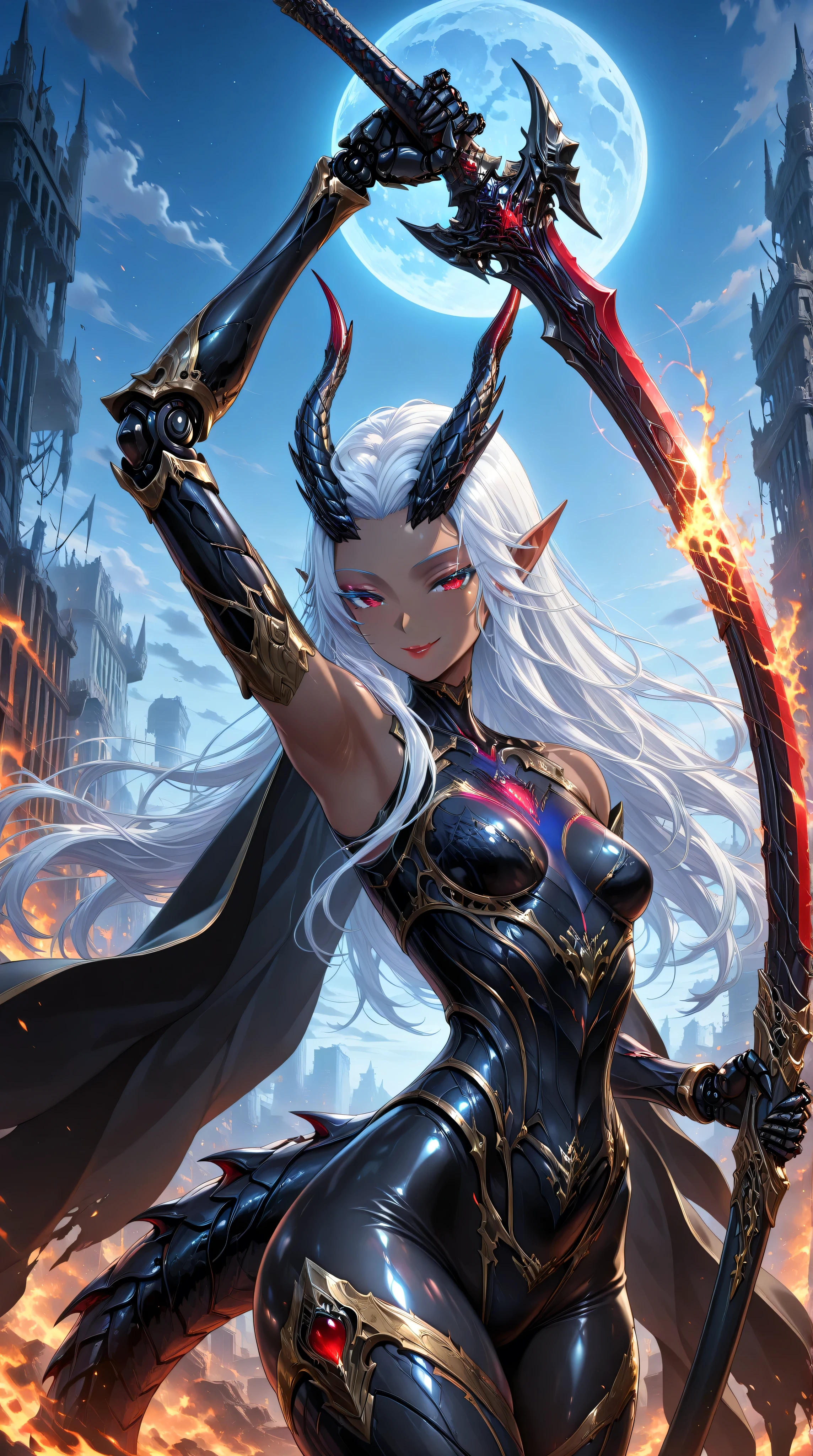 (cowboy shot),masterpiece,best quality,official art,extremely detailed CG unity 8k wallpaper,extremely detailed background, fantasy art, intricate details, (Sci-fi style), (Mechanical style),1girl,aorun,dark elf,dark-skinned female,solo,dark skin,red eyes,white hair,long hair,small_breasts,black Mechanical body,black mechanical parts, black mecha corset,blue robot joints,black mechanical arm,anklet, thick thighs,red lip,(black mecha musume),lustrous skin,shiny skin,black dragon mecha armor,gold trim,neon trim,(black cape is floating),dragon horn,dragon tail,dragon hamtel,wide hips,thick thighs,makeup,bare shoulders,black bodysuit,armored bodysuit,black helmet,(upper body)
outdoor,building_ruins,burning city,black night,blue moon,seductive smile,flying in the sky,holding sword,arm up unsheathing sword
