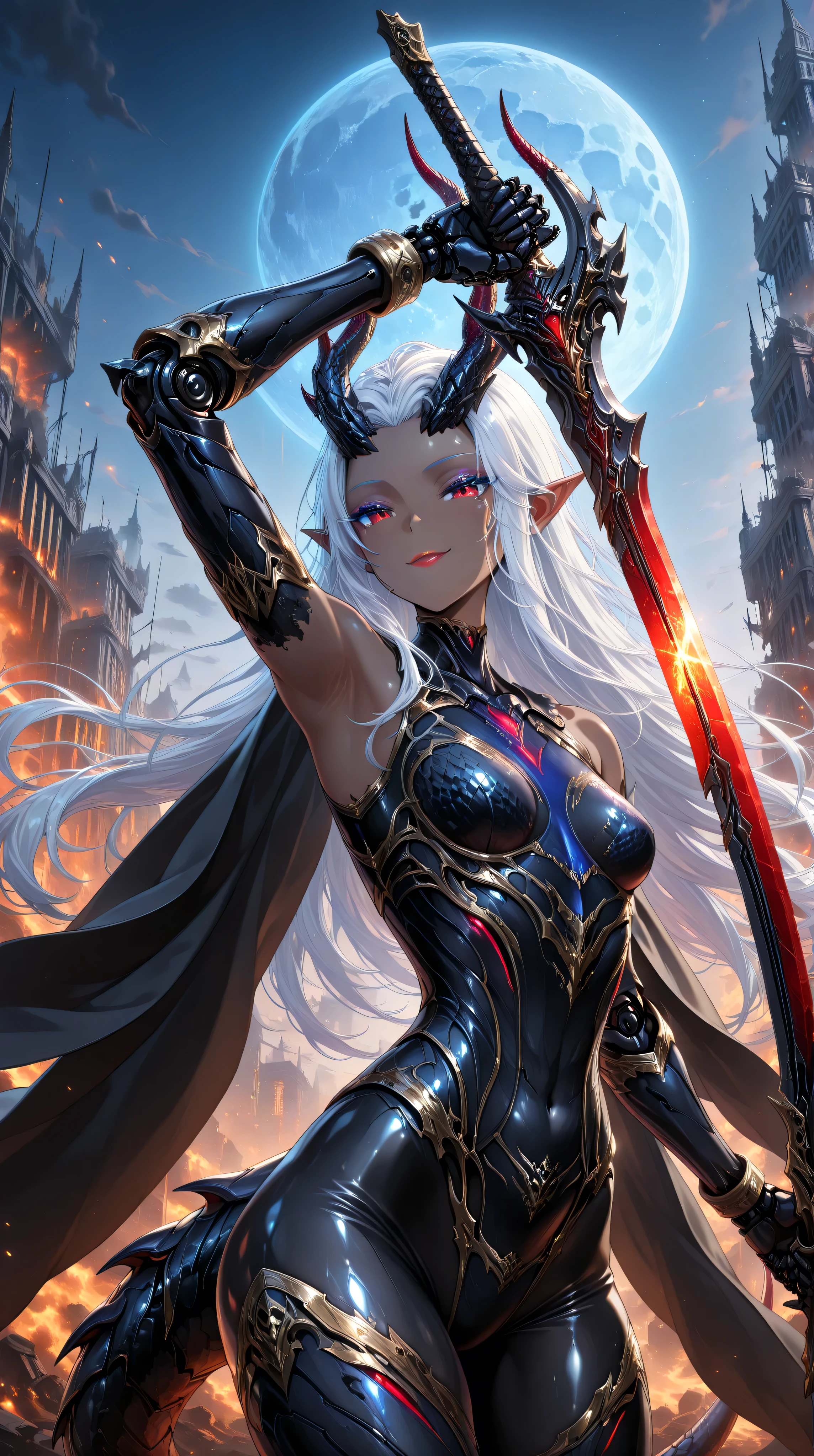 (cowboy shot),masterpiece,best quality,official art,extremely detailed CG unity 8k wallpaper,extremely detailed background, fantasy art, intricate details, (Sci-fi style), (Mechanical style),1girl,aorun,dark elf,dark-skinned female,solo,dark skin,red eyes,white hair,long hair,small_breasts,black Mechanical body,black mechanical parts, black mecha corset,blue robot joints,black mechanical arm,anklet, thick thighs,red lip,(black mecha musume),lustrous skin,shiny skin,black dragon mecha armor,gold trim,neon trim,(black cape is floating),dragon horn,dragon tail,dragon hamtel,wide hips,thick thighs,makeup,bare shoulders,black bodysuit,armored bodysuit,black helmet,(upper body)
outdoor,building_ruins,burning city,black night,blue moon,seductive smile,flying in the sky,holding sword,arm up unsheathing sword