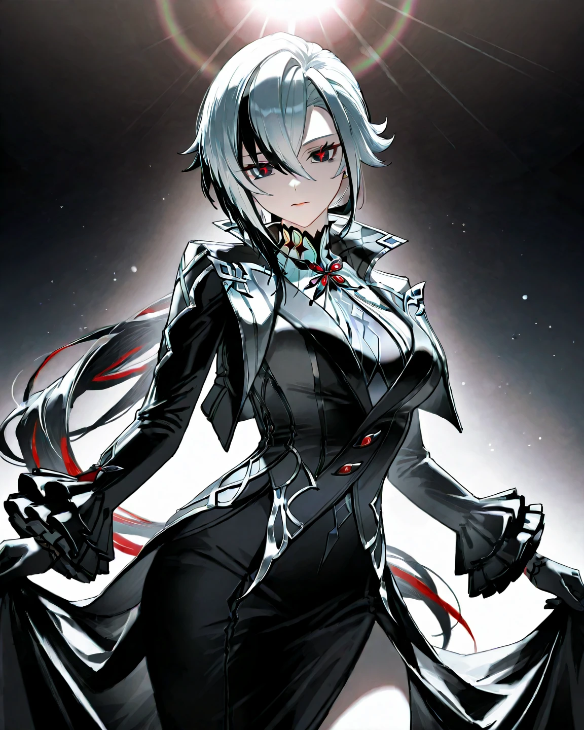 (masterpiece, top quality, best quality, official art, beautiful and aesthetic:1.2),(8k, best quality, masterpiece:1.2), (((masterpiece))),(((best quality))),(((extremely detailed))),illustration,who, (masterpiece, top quality, best quality, official art, beautiful and aesthetic:1.2),(8k, best quality, masterpiece:1.2), 1girl, arlecchino \(genshin impact\), (x-shaped eyes, symbol shaped eyes, cross eyes), masterpiece,best quality, arlecchino \(genshin impact\), 1girl, grey hair,multicolored hair, short hair,red eyes,symbol-shaped pupils,black gloves, long sleeves, grey jacket,grey bodysuit, black pants, cowboy shot, white background, expressionless,