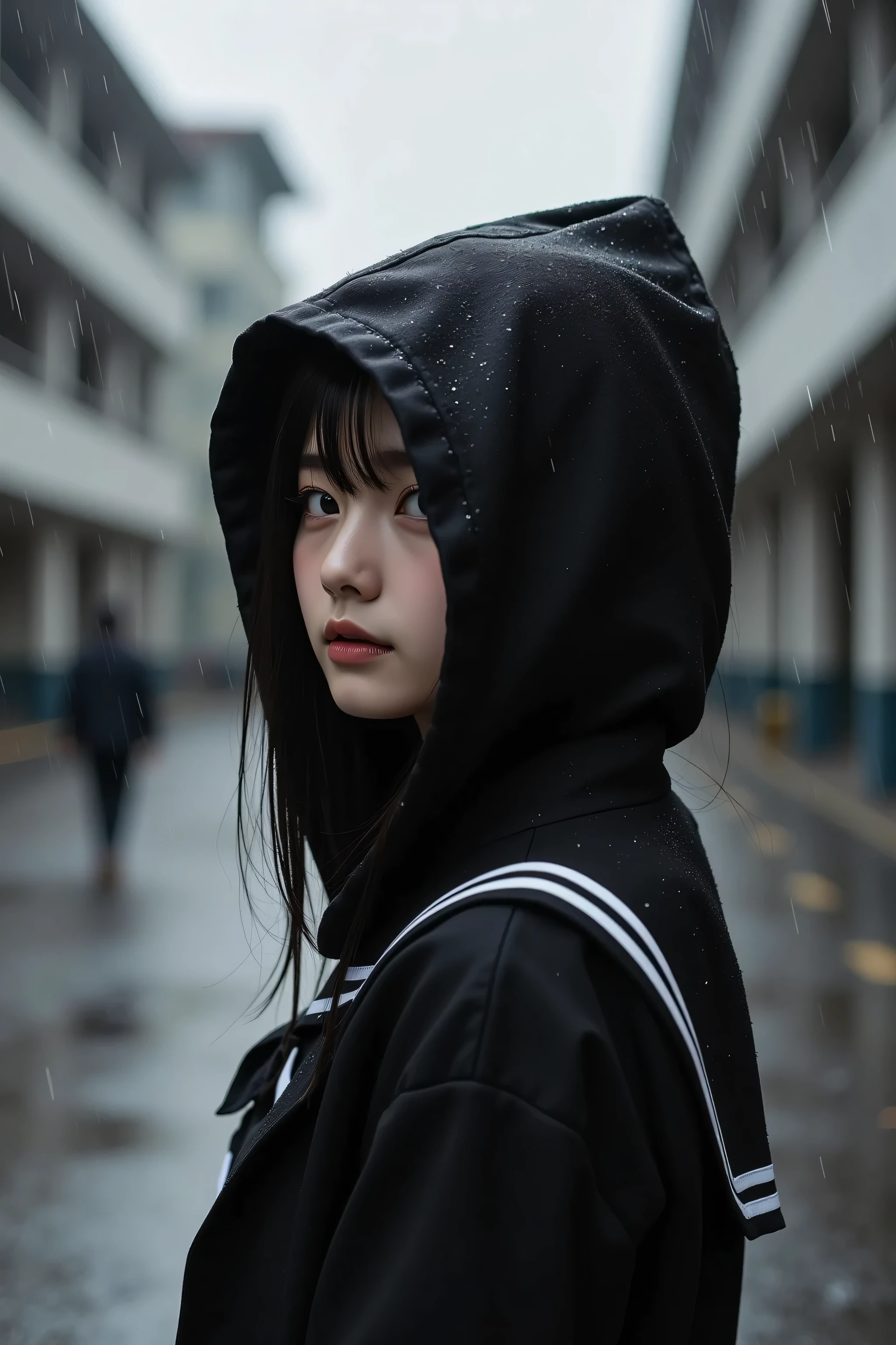 18-year-old Korean idol girl, Transfer Student Standing Alone、Wearing a Hooded Uniform and Half of Her Face Is Hidden in the Shadows、Looking at the Rainy Schoolyard、Black and White Hues、Melancholy Atmosphere、realistic texture、cinematic composition